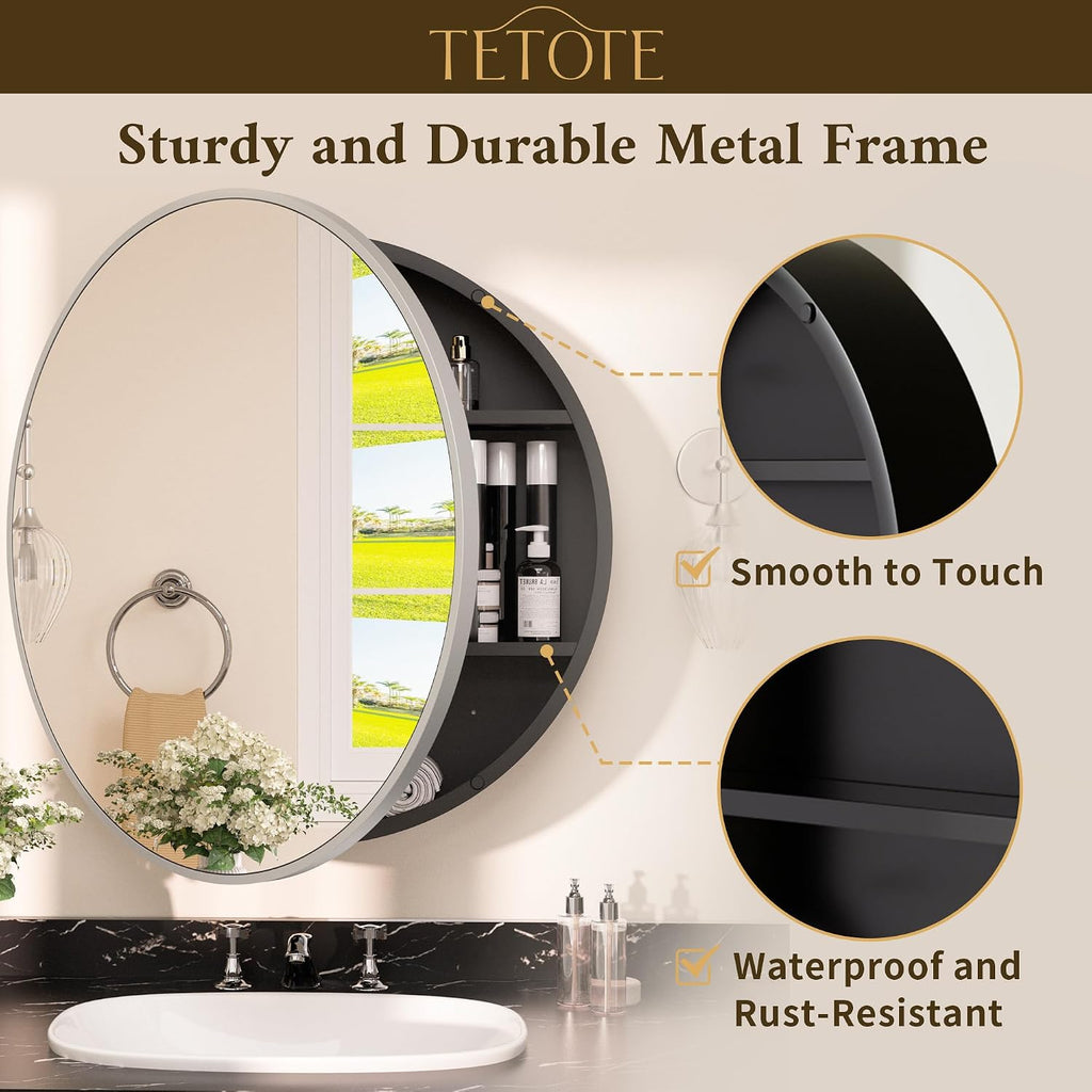 TETOTE 20 x 20 Inch Medicine Cabinet Mirror Matte Silver Gray Framed Round Mirrored Medicine Cabinets for Bathroom Adjustable Shelves Modern Bathroom Mirror with Storage Wall Mounted