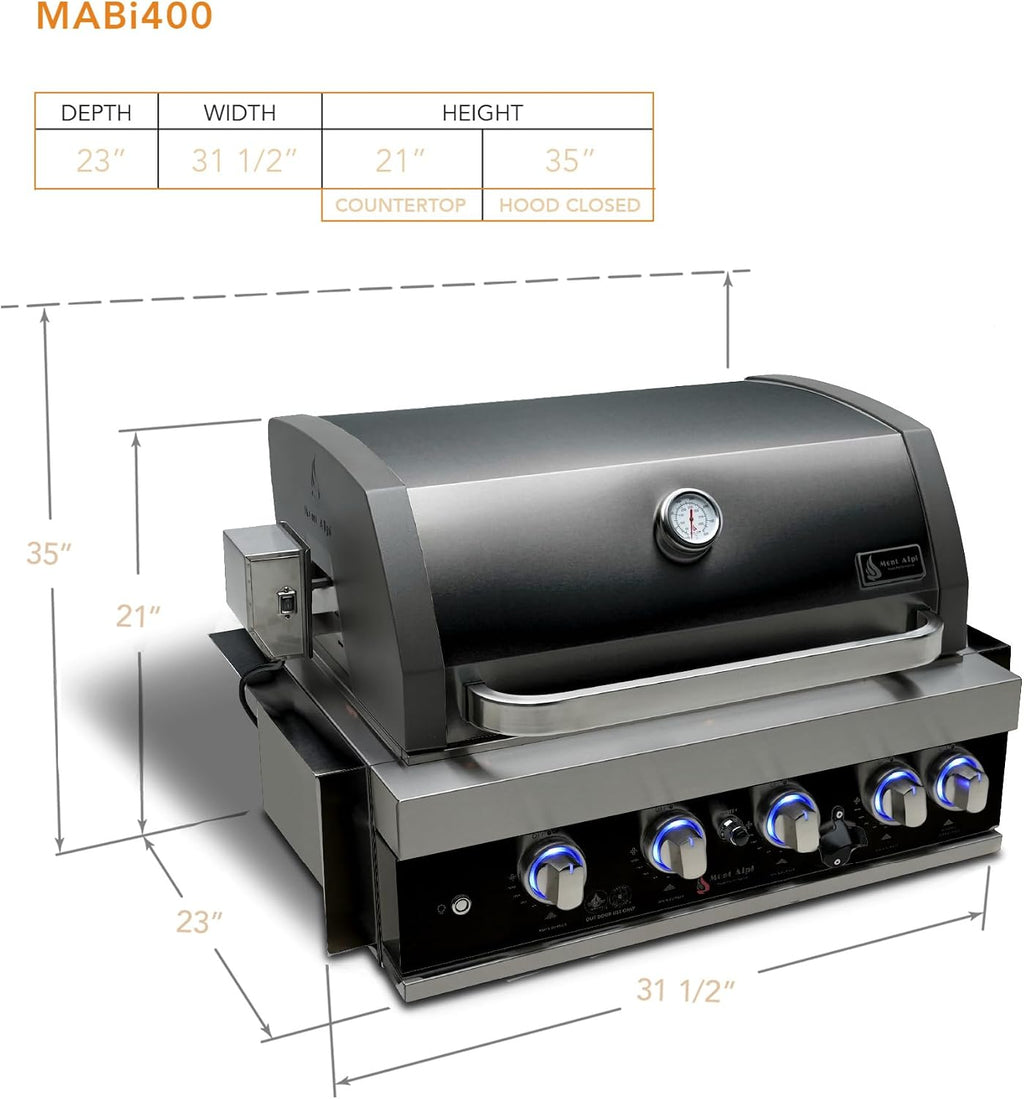Mont Alpi MABi400-BSSTOOLKIT 32-inch 4 Burner 63000 BTU Black Stainless Steel Built-in Gas Grill + Universal Flat Top Griddle Kit & Pizza Converter + Barbecue 3 Piece Tool Kit with Cleaning Brush
