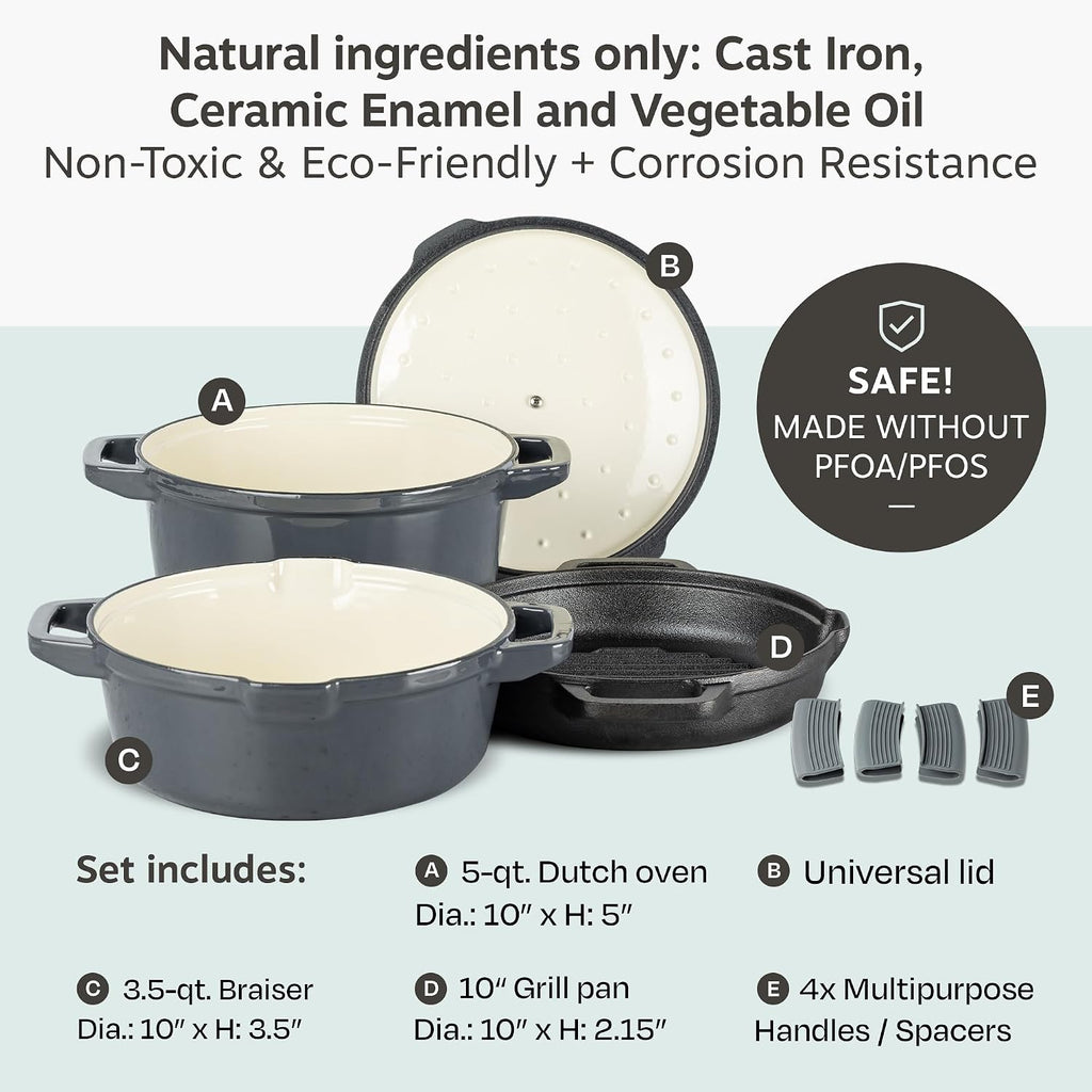 NATIVO 5 pc Stackable Cast Iron Cookware Set, Versatile Enamel Dutch Oven, Seasoned Grill Pan & Enamel Braiser with Precision Pour Spouts, Universal Lid, Included Spacers/Handle Holders, Stormy Grey