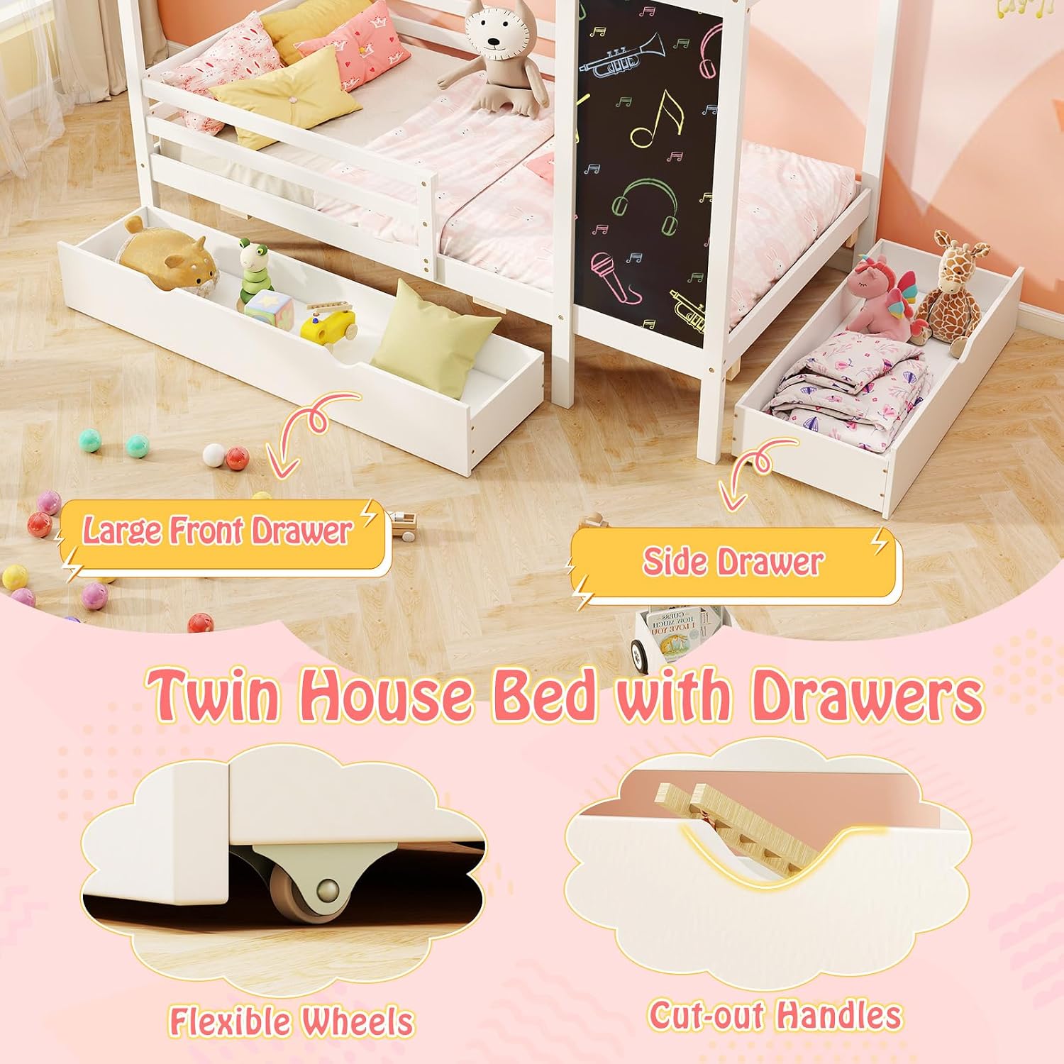 Giantex Twin Bed with 2 Storage Drawers, Solid Wood House Bed with Blackboard & Safety Guardrails, Twin House Bed w/Slats Support, No Box Spring Needed, Twin Bed Frames for Kids Girls Boys (White)