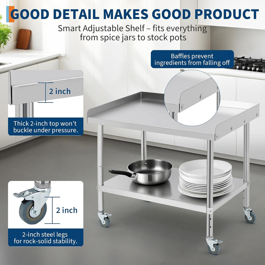 Equipment Grill Stand Table 36x30x30 Inch Stainless Steel NSF Certified 400 Lbs Capacity with Adjustable Legs, 2' Edge Baffle, for Hotel, Home, Commercial Restaurant Kitchen