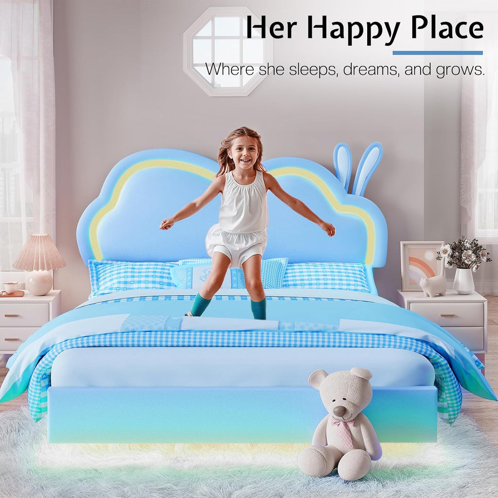 Jocisland Twin Size Floating Bed Frame, Faux Leather Upholstered Platform Bed with LED Lights, Adjustable Cloud Headboard, No Box Spring Needed, Blue | Bunny Ears Design, Multi-Color Lighting, Hidden Bed Legs, Dreamy room vibe, Easy Clean Surface