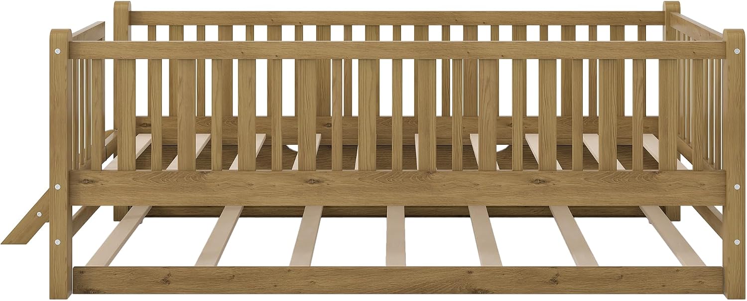 VilroCaz Twin Size Platform Bed with Guardrail and Trundle, Wood Kids Platform Bed Frame with Two-Step Ladder for Boys Girls, Sturdy Slats Support (Walnut-1.26T)