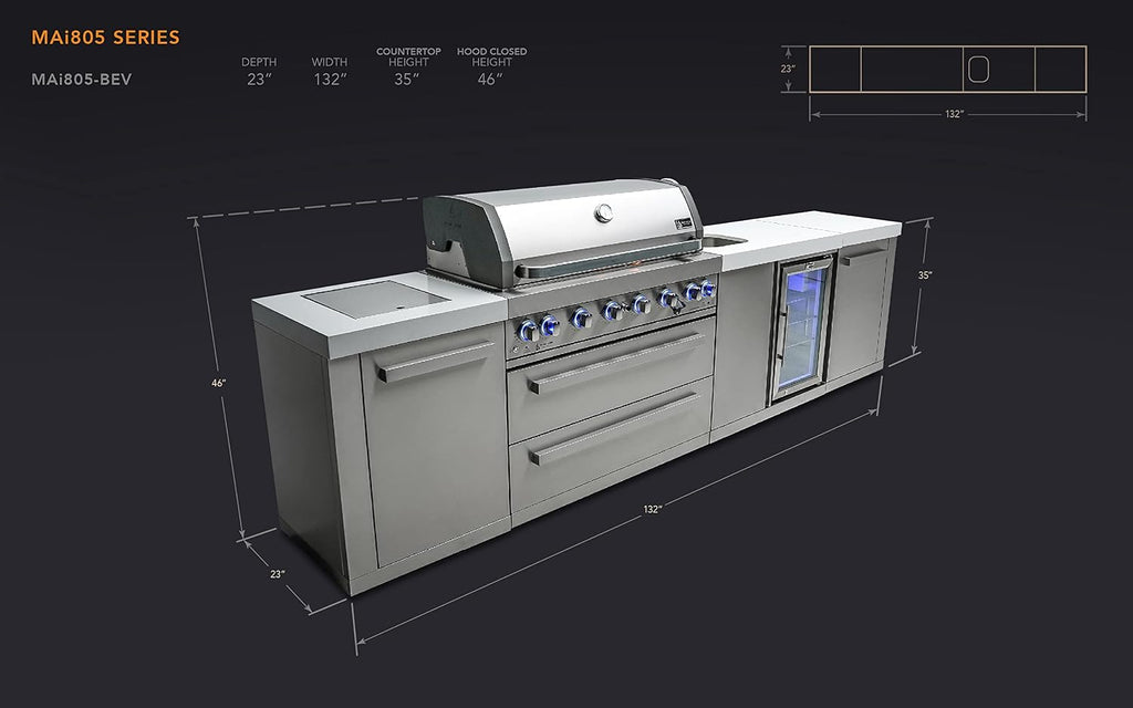 Mont Alpi Premium 132'W Stainless Steel Outdoor Kitchen Island with 44'W 6-Burner BBQ Gas Grill + Beverage Center Faucet & Sink + Refrigerator + Side Burner Pizza Oven + Charcoal Tray + Griddle Plate