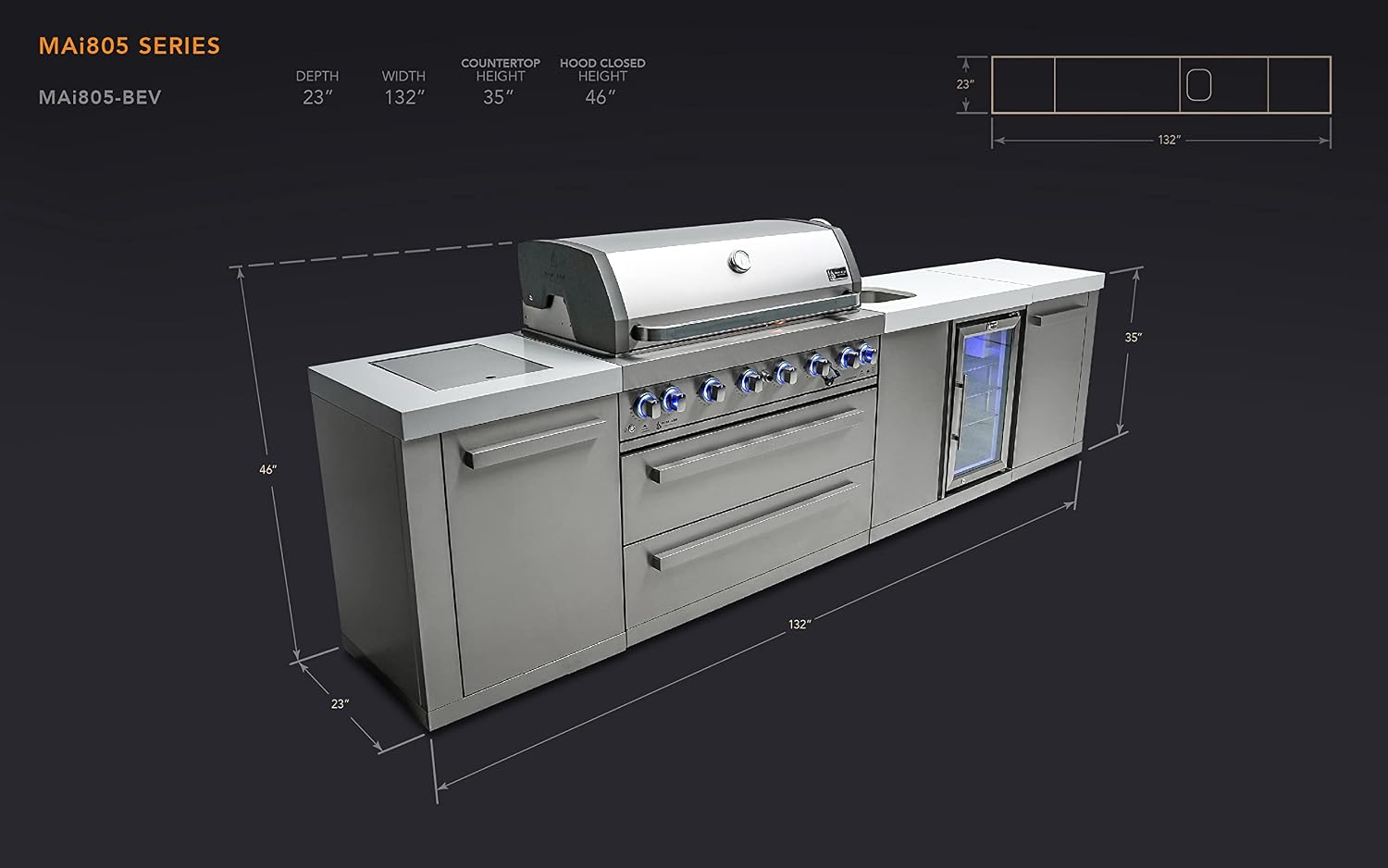 Mont Alpi Premium 132'W Stainless Steel Outdoor Kitchen Island with 44'W 6-Burner BBQ Gas Grill + Beverage Center Faucet & Sink + Refrigerator + Side Burner Pizza Oven + Charcoal Tray + Griddle Plate
