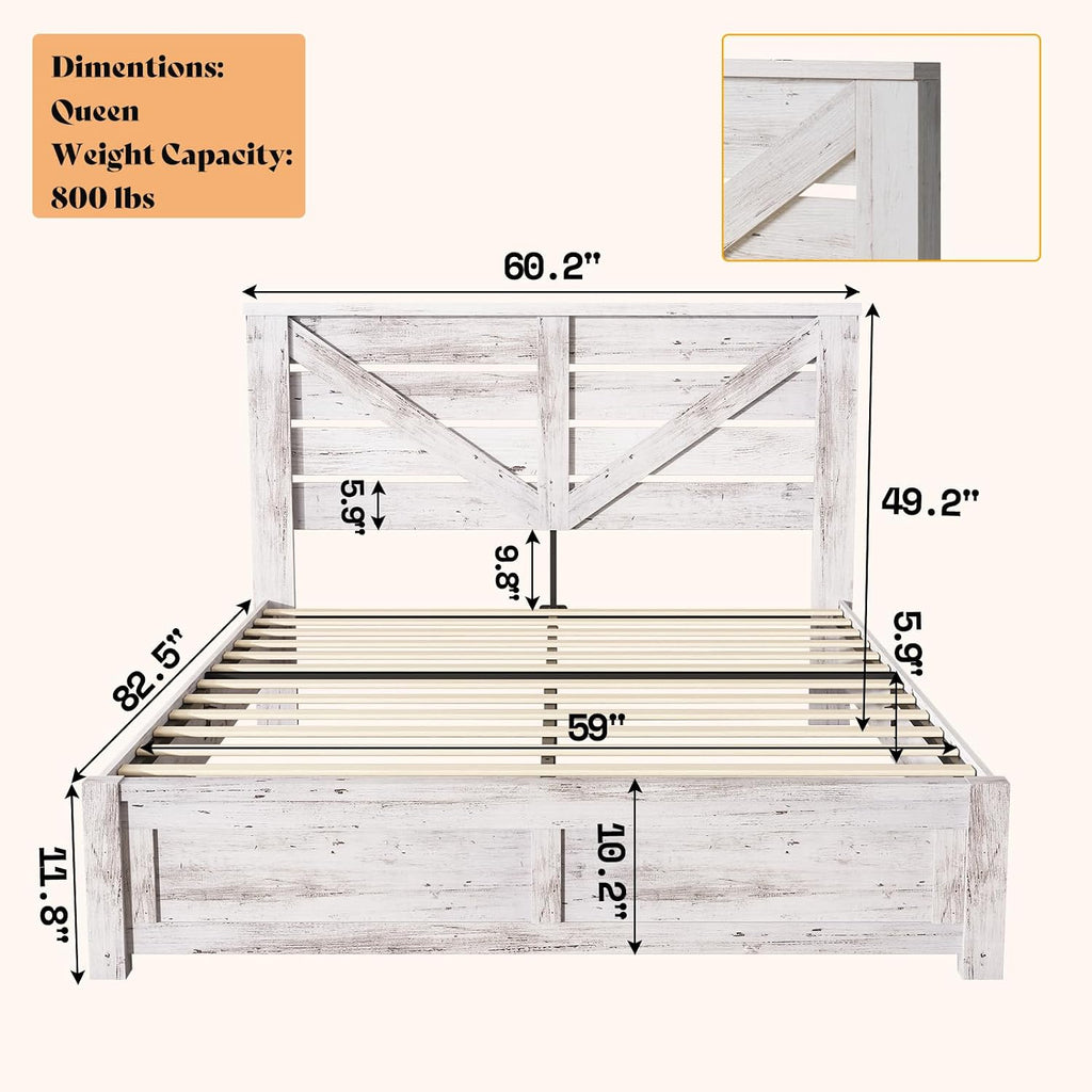 AMERLIFE Queen Size Bed Frame with 49.2' Barn Door Headboard and Footboard, Farmhouse Platform Bed Frame with Wood Slats, No Box Spring Needed, Under Bed Storage, Distressed White