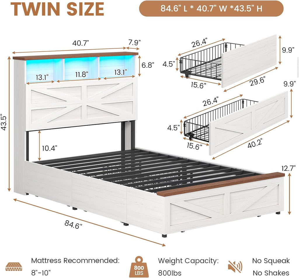 VIAGDO Twin Bed Frames with 5 Drawers, Farmhouse Bed Frame with Barn Door Headboard and Storage, Wood Platform Bed Frame Twin Size with Charging Station and LED Lights, No Box Spring Needed, White