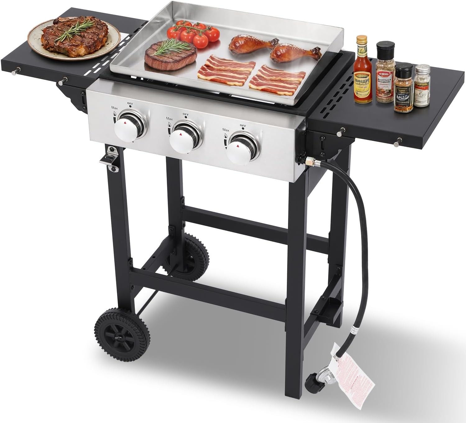 3-Burner Flat Top Gas Grill with Stainless Steel Griddle, Includes Cover & Regulator - Perfect for Camping, Tailgating, Backyards