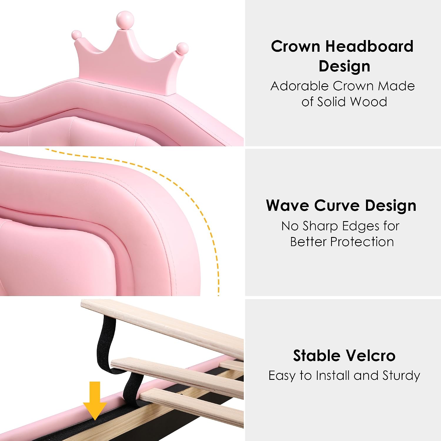 Keyluv 2 Set Twin Upholstered LED Bed Frame with Storage Drawer for Kid, Leather Princess Platform Bed with Adjustable Crystal Button Tufted Crown Headboard, Solid Woode Slats Support, Pink