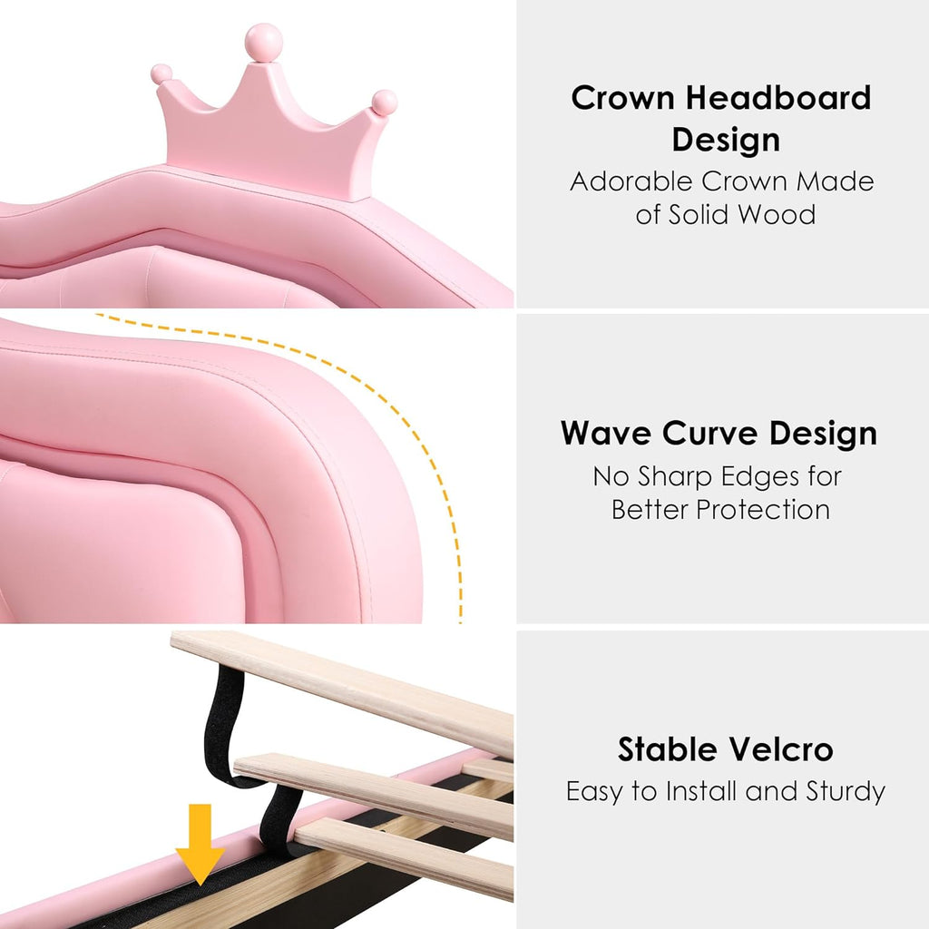 Keyluv Twin Upholstered LED Bed Frame with Storage Drawer, Leather Princess Platform Bed with Adjustable Crystal Button Tufted Crown Headboard, Solid Wooden Slats Support, No Box Spring Needed, Pink