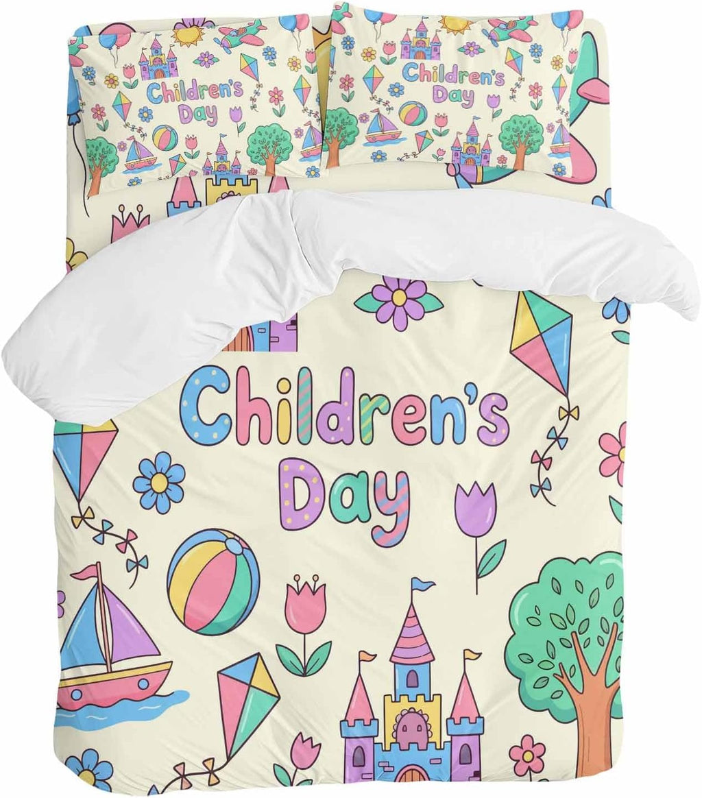 Children's Day Duvet Cover Set Queen Size 4 Pieces Cartoon Sun Airplanes Castles Kites Boat Balloon Beige Bedding Set with Zipper Closure, 1 Comforter Cover 90x92 Inches 1 Flat Sheet & 2 Pillow Cases