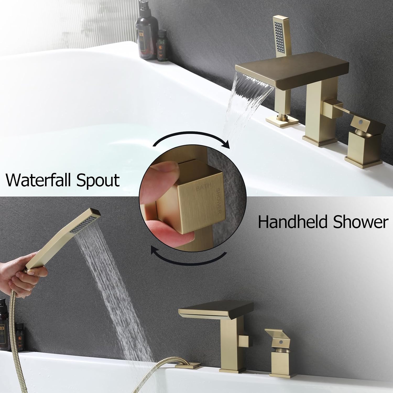 Waterfall Roman Tub Faucet with Hand Shower, Deck Mount Tub Filler Bathtub Faucet with Sprayer, Brass Widespread 3 Hole Bathtub Shower Faucet Set, Brushed Gold