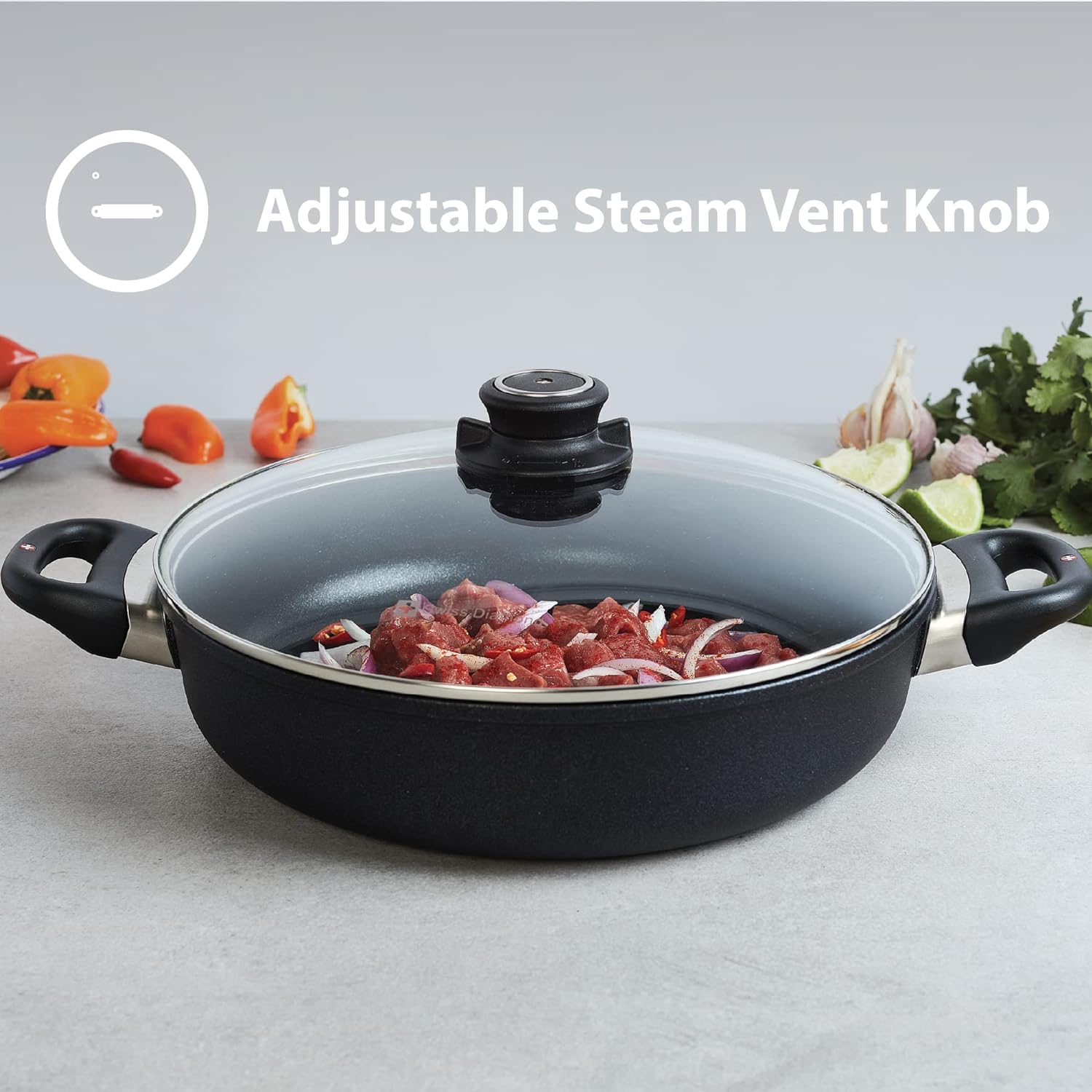 Swiss Diamond Braiser Pan with Lid, Features Double Handles, Nonstick Diamond Coated Braising Pan with Lid Oven Safe & Dishwasher Safe, 12.5', 7.2 Quart, Grey