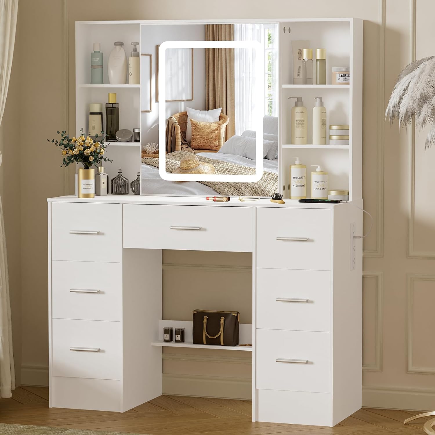Makeup Vanity Desk with Mirror and Lights, Makeup Vanity Table, White Makeup Desk with 7 Drawers & Storage Shelves, 3 Color Modes Adjustable, Vanity Set with Mirror, Dressing Table for Bedroom