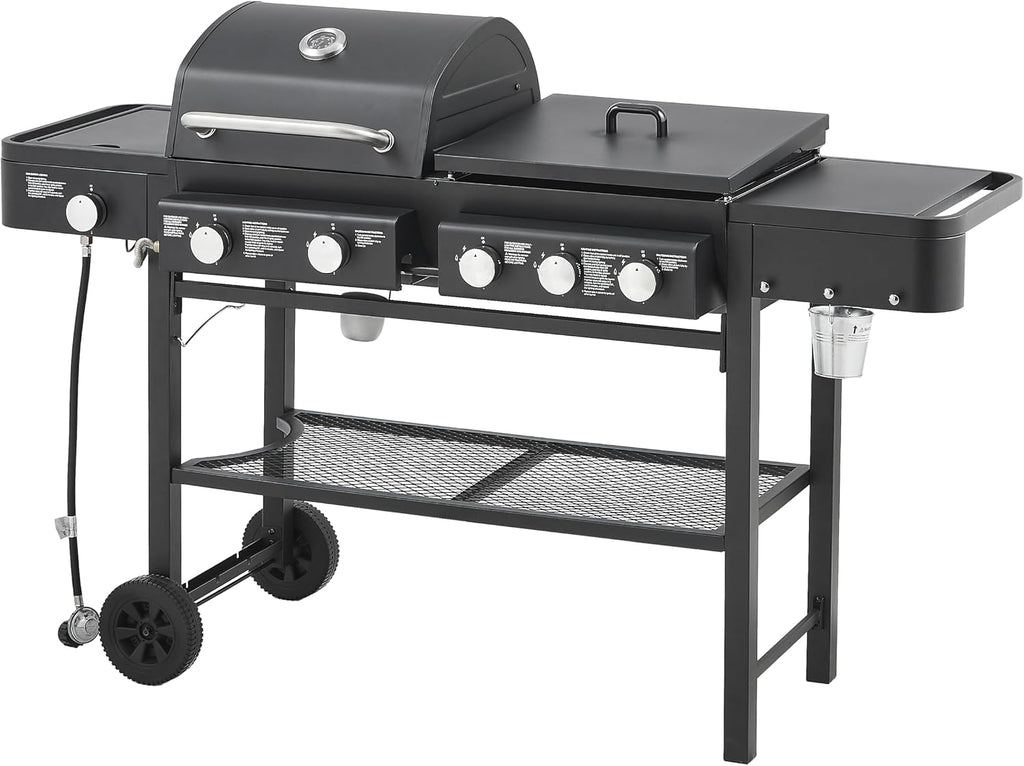 All-in-One Propane Gas Grill with Griddle, 5 Burner 56000 BTU BBQ Grill & Griddle Combo, 751 Sq.Inch Cooking Space, Side Burner & Storage Shelves for Backyard, Patio, Outdoor Cooking