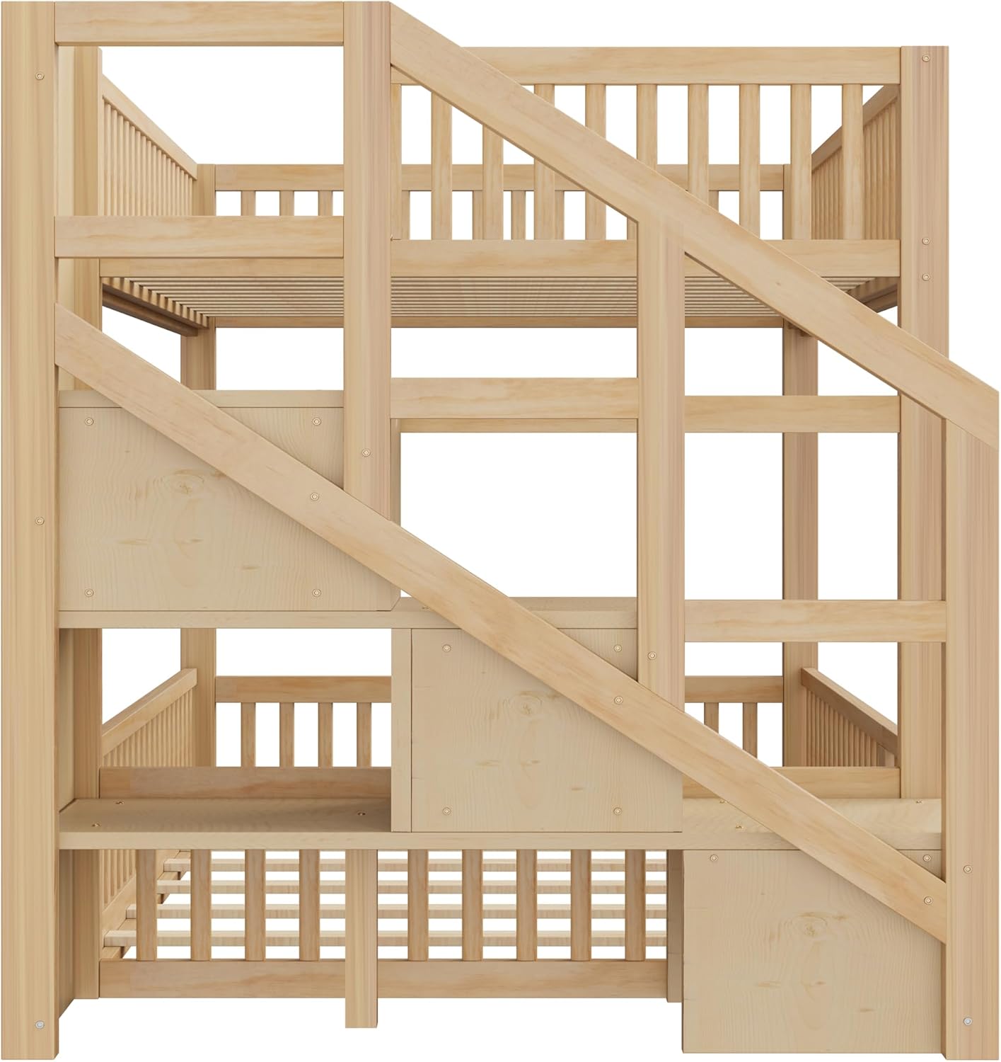Full Over Full Floor Bunk Bed with Storage Ladder and Guardrails,for Kids Teens Adults (Natural#FF, Full Over Full)