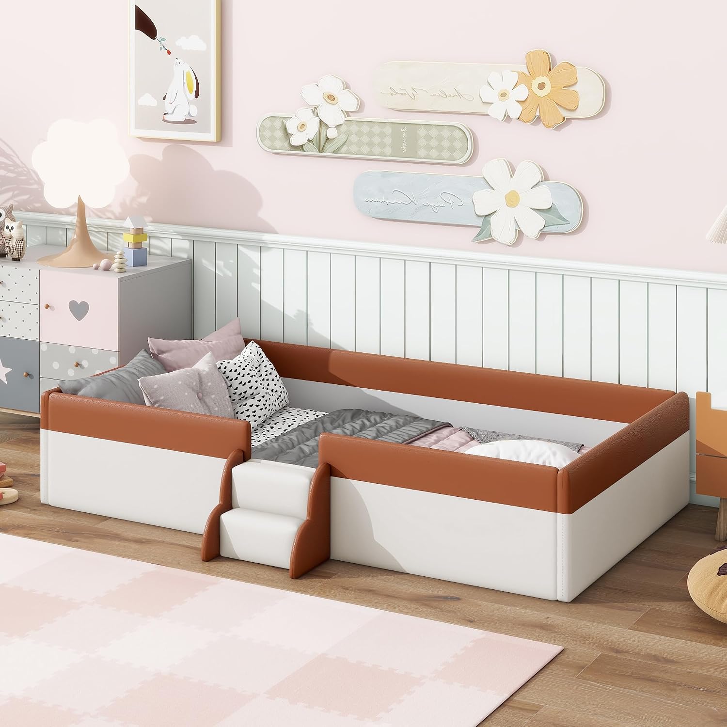 VilroCaz Twin Size Upholstered Daybed Frame with Fence and Stairs, Montessori Kids Floor Bed with Sturdy Slat Support for Kids Boys Girls (Brown+Twin)