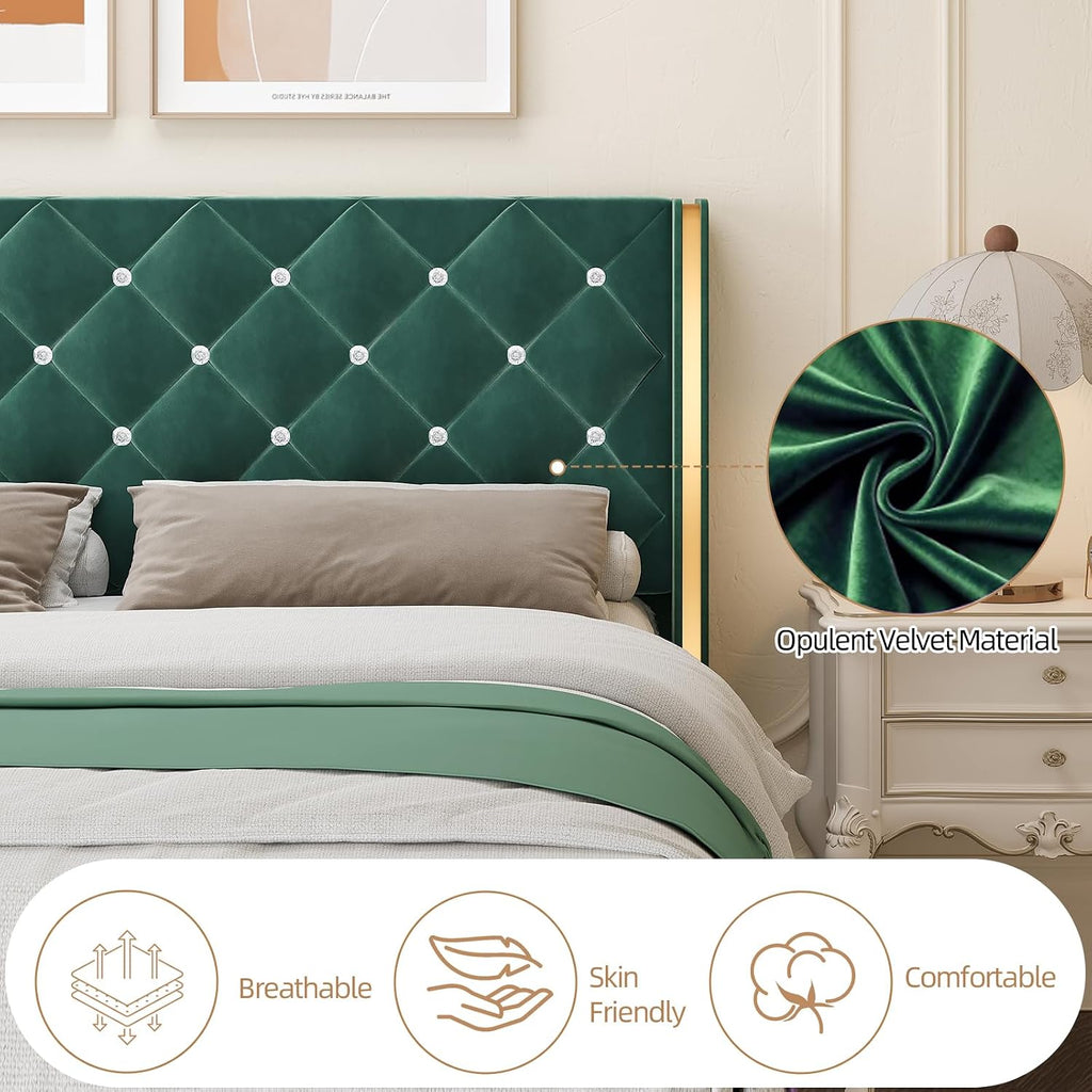 HOMBCK Full Bed Frame with Headboard, Velvet Upholstered Bed with Diamond Tufted Design, Mordern Bed Frame with Wingback and Wooden Slats Suppor, No Box Spring Required, Easy Assembly, Green