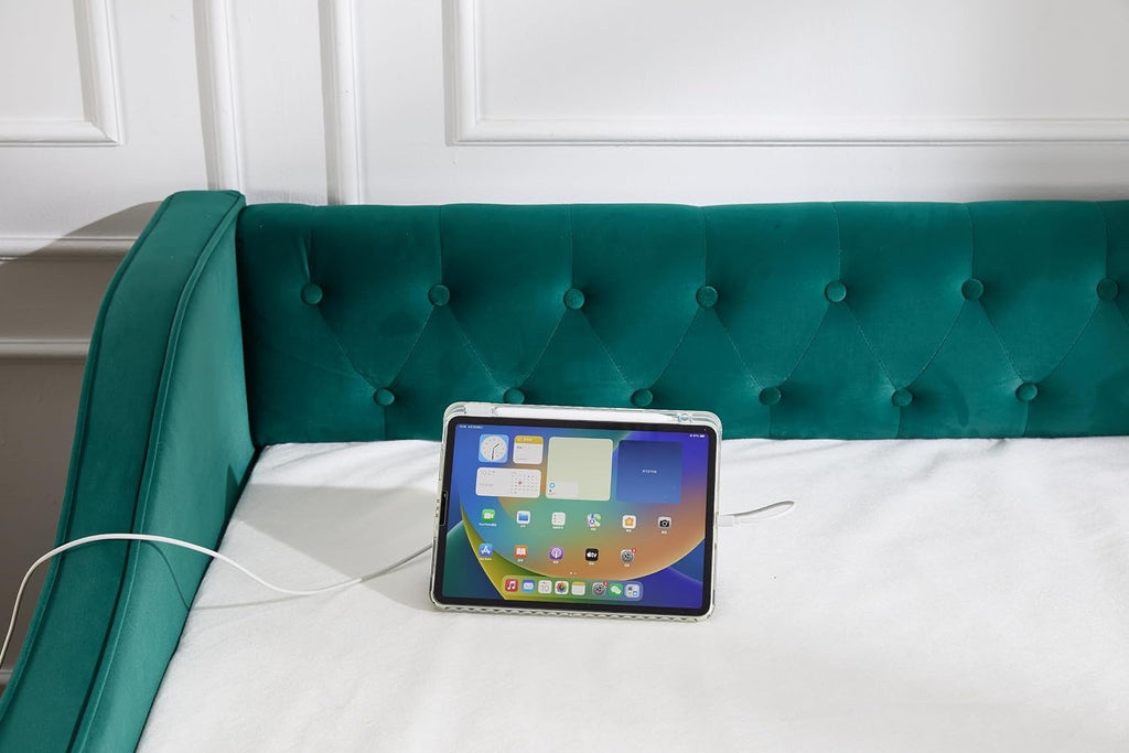 Twin to King Daybed with Trundle, USB Ports Soft Upholstered Daybed with Pop Up Trundle Bed Twin, Modern Extendable Day Bed Frame for Girls Bedroom Living Room Guest Room Small Places Dark Green