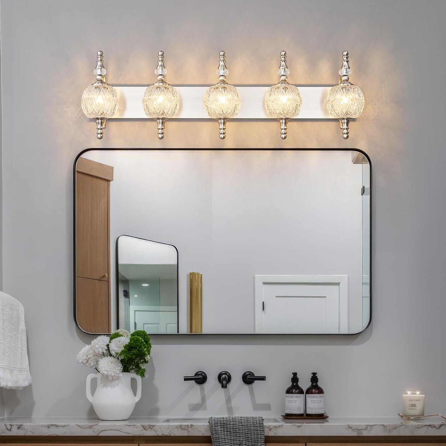 Modern Crystal Bathroom Vanity Lights Fixtures Over Mirror Brushed Nickel Vintage 5-Lights 36 Inch Bathroom Light Fixtures Glass Crystal Vanity Lights