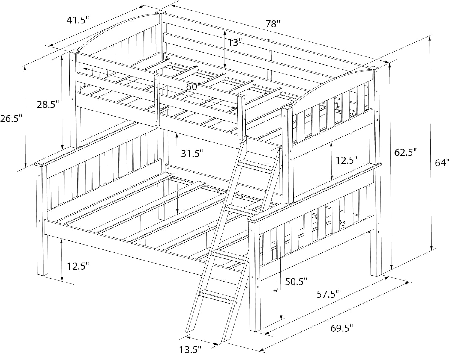 DHP Airlie Convertible Wood Bunk Bed Twin Over Full Size, Stackable and Detachable Bed Frames for Kids, Teens, Angled Ladder, High Guardrail, Wood Slats, No Boxspring Required, Espresso