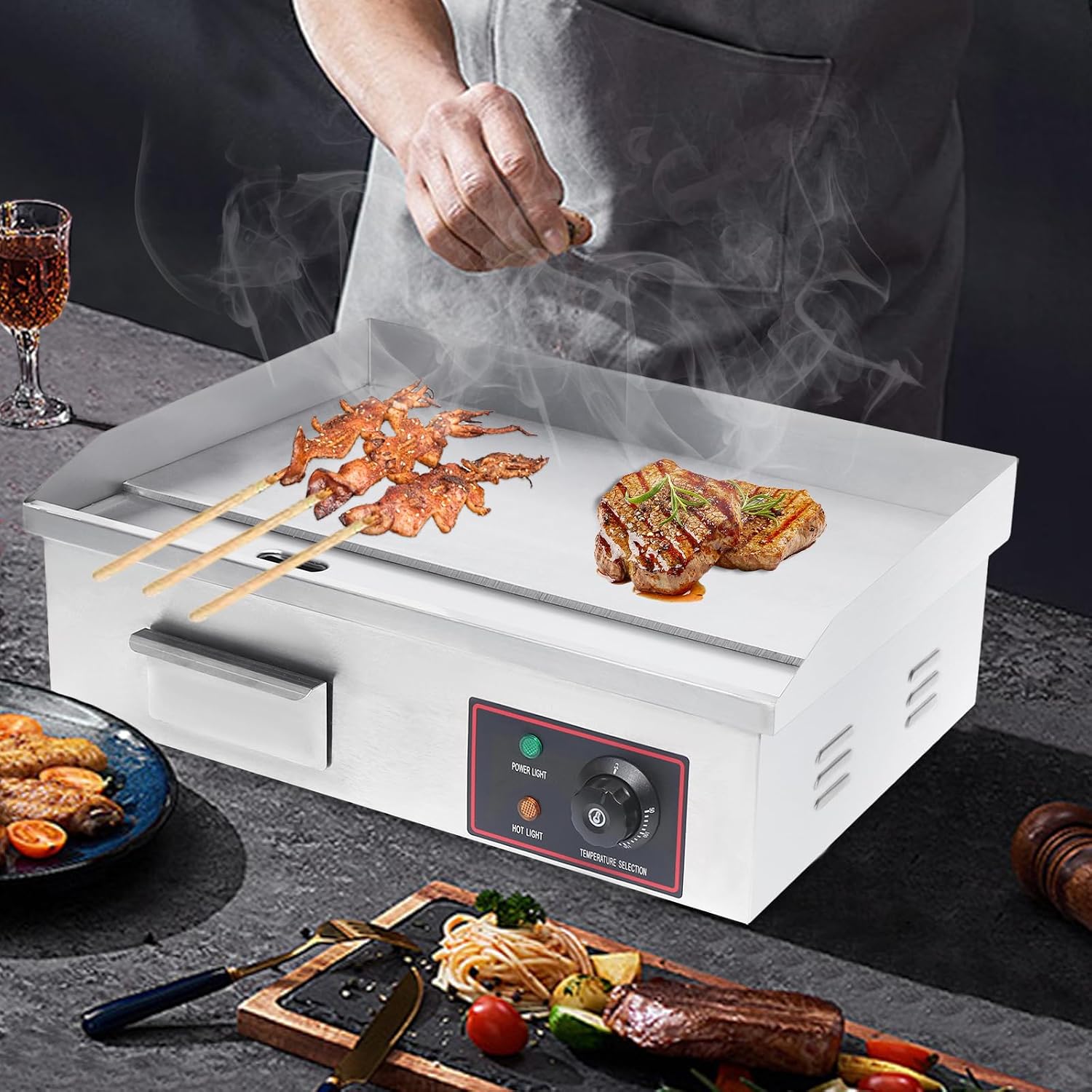 Commercial Electric Griddle 1600W, Restaurant Non-Stick Teppanyaki Flat Top Gril Adjustable Temperature Control 122°F-572°F, Countertop Griddle Tabletop Grill Stainless Steel Cooking Plate
