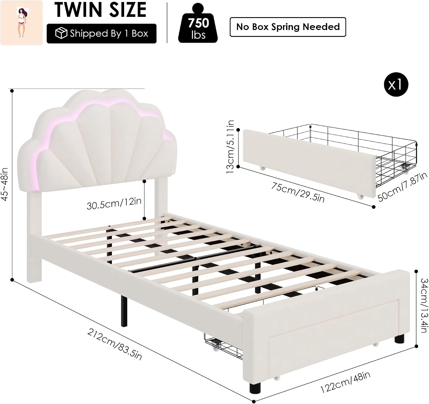 HIFIT 2 Set Twin Bed Frame with Storage and LED Light for Girls, Twin Size Upholstered LED Bed Frame with Drawer & Chic Double Petal Headboard, Solid Wood Slat, Kids Platform w/Storage, Beige