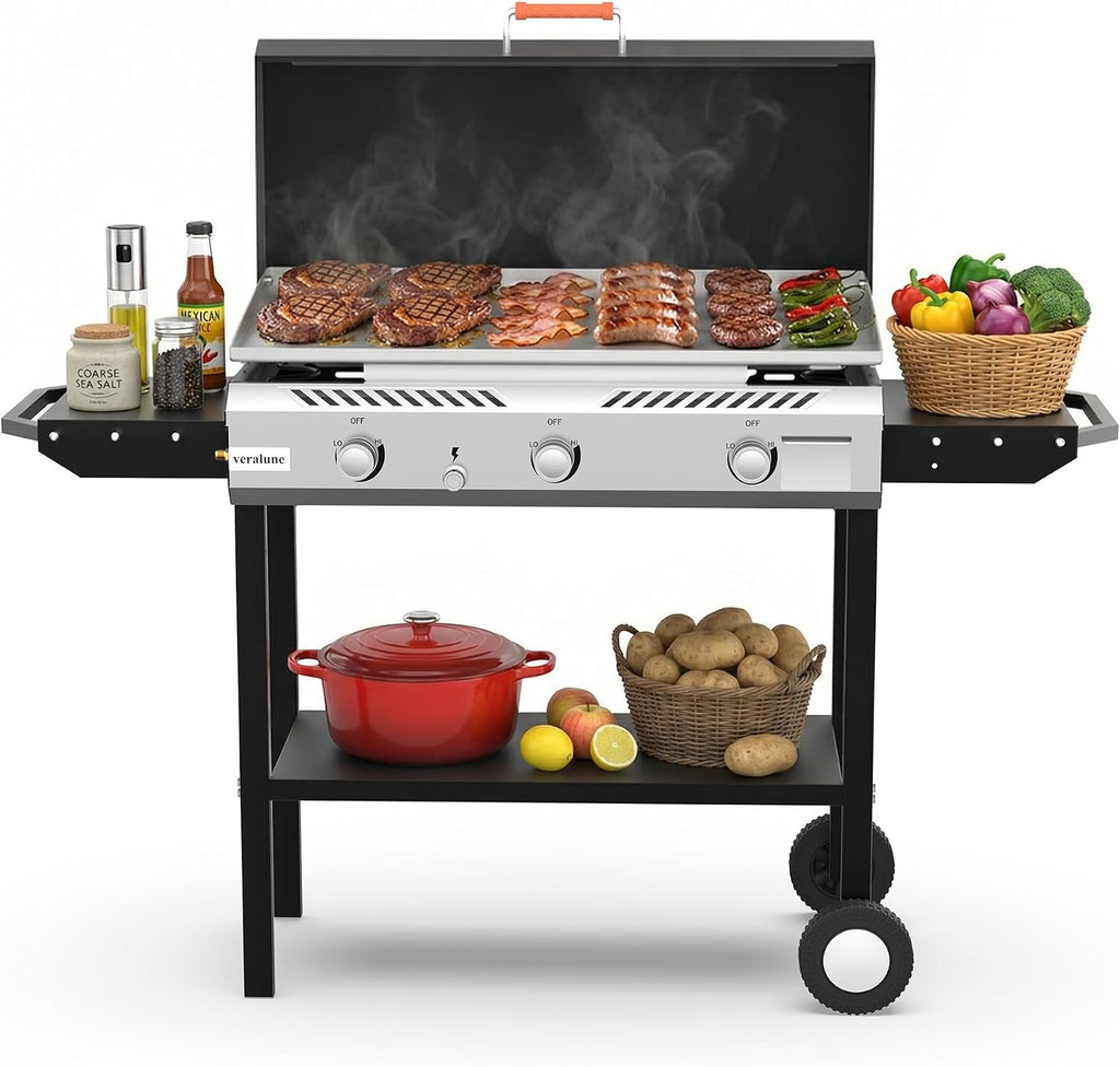 Veralune Outdoor Flat Top Gas Grill with Lid, Outdoor Griddle with Enameled Tray, Propane Gas Griddle, for Breakfast, BBQ & Grilling Steel Cooking Surface, Folding Side Shelves, Push-Button Ignition