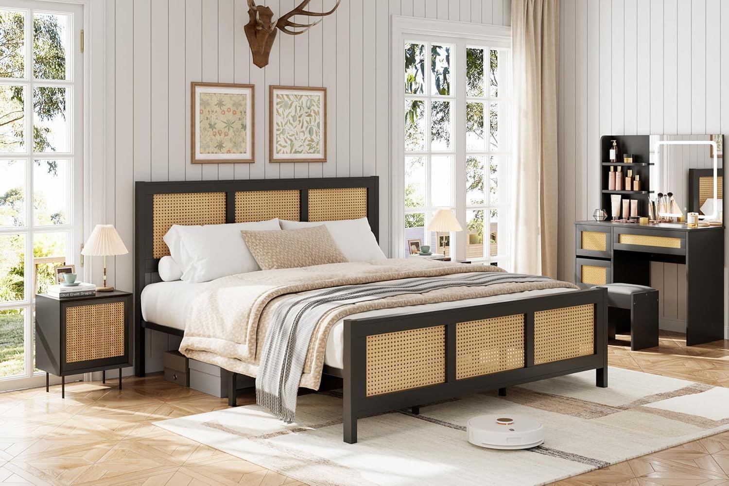 GarveeHome Queen Size Rattan Bed Frame with Headboard, Black Boho Cane Platform Bed Frame with Strong Metal Slat, Noise Free, No Box Spring Needed