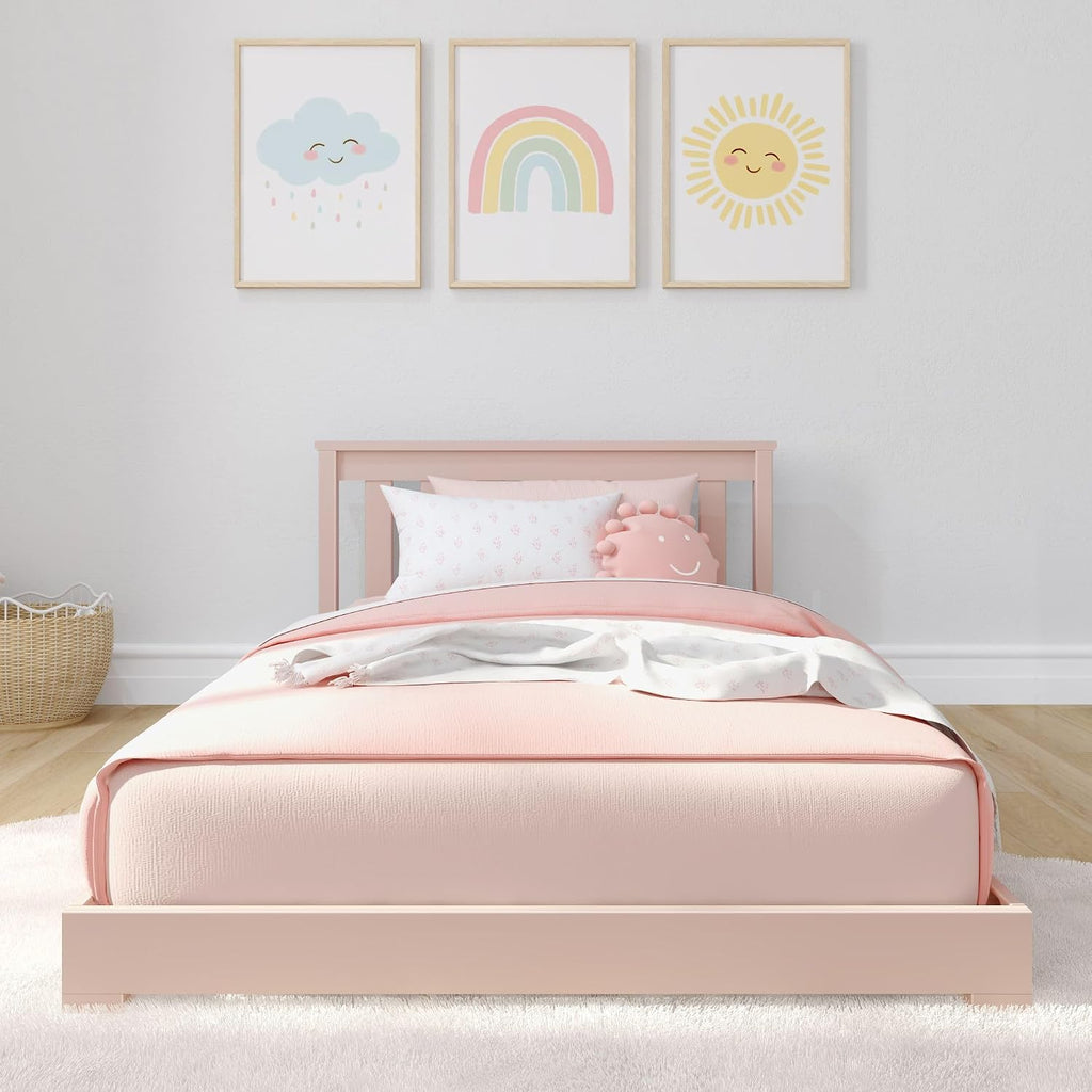 Max & Lily Classic Twin Floor Bed, 79.75 Inches, Solid Wood Low Bed Frame for Kids, Modern Floor Bed for Bedroom, Blossom