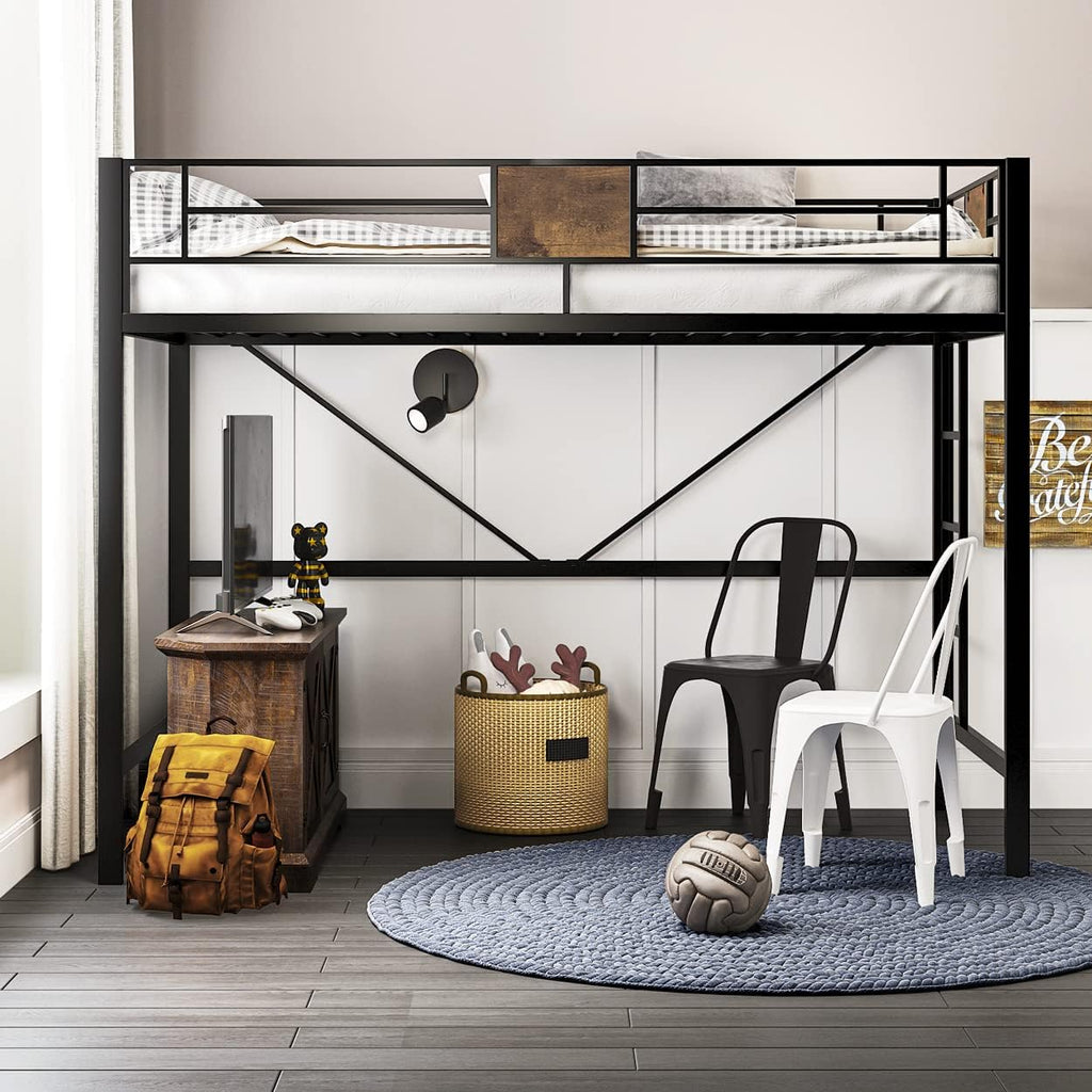 SHA CERLIN Loft Bed Twin Size with Ladder and Guardrail,Rustic Design,Metal Slats Support No Box Spring Needed Small Space Saving Furniture for Bedroom Dorm