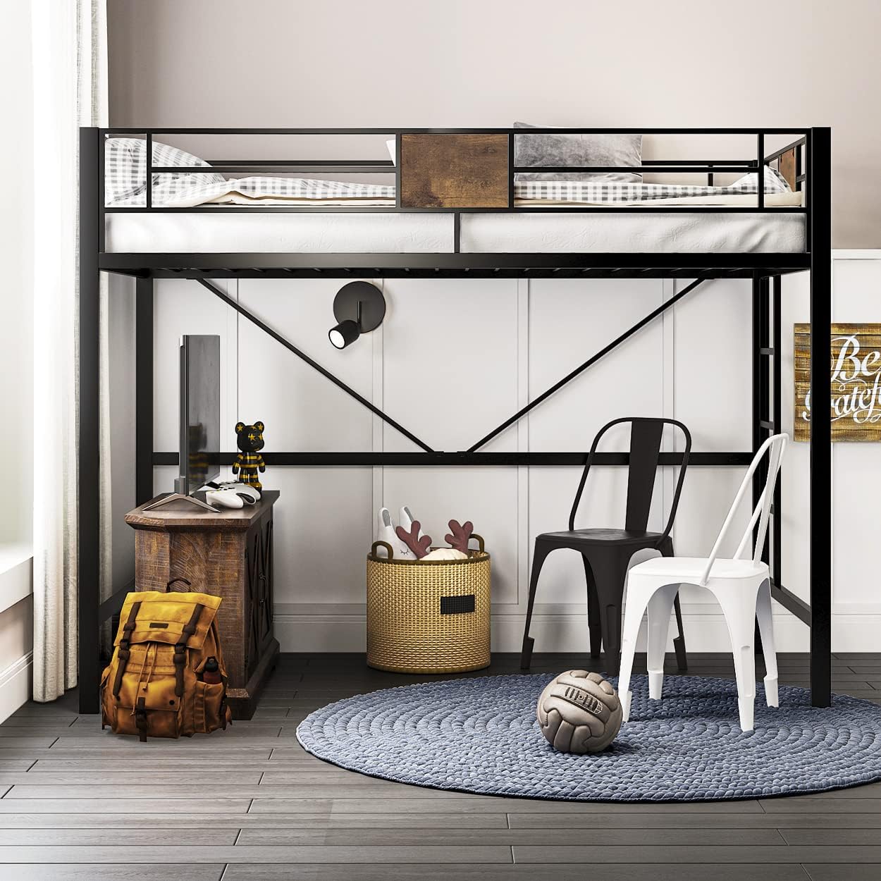 SHA CERLIN Loft Bed Twin Size with Ladder and Guardrail,Rustic Design,Metal Slats Support No Box Spring Needed Small Space Saving Furniture for Bedroom Dorm