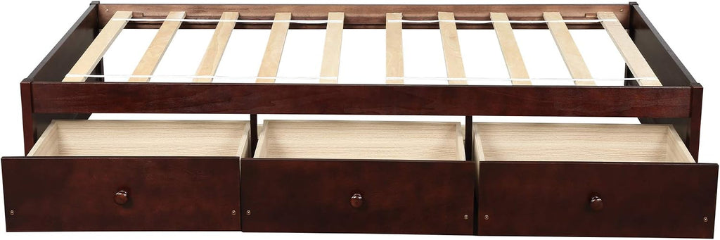SOFTSEA Twin Size Platform Bed with Storage Drawers, Wood Bed Frame with Support Slats, Wood Daybed for Bedroom, Single Bed Frame for Kids Adults, No Box Spring Needed, Cherry