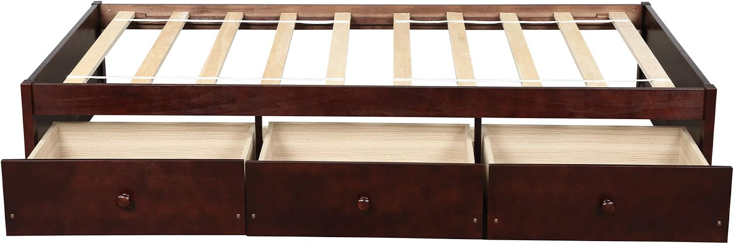 SOFTSEA Twin Size Platform Bed with Storage Drawers, Wood Bed Frame with Support Slats, Wood Daybed for Bedroom, Single Bed Frame for Kids Adults, No Box Spring Needed, Cherry
