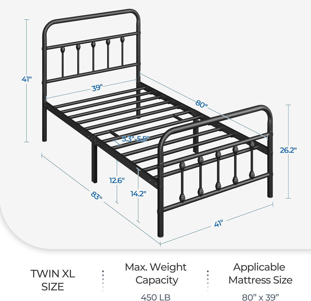 Yaheetech 2 Pcs Twin XL Bed Frame Metal Platform Bed with Victorian Style Iron-Art Headboard/Footboard/Under Bed Storage/No Box Spring Needed Black