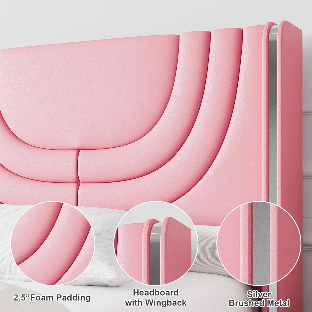REVOMINCA Pink Full Size Bed Frame with LED Lights, Faux Leather Upholstered Platform with Silver Wingback Headboard, Modern Style, No Box Spring Needed, Easy Assembly