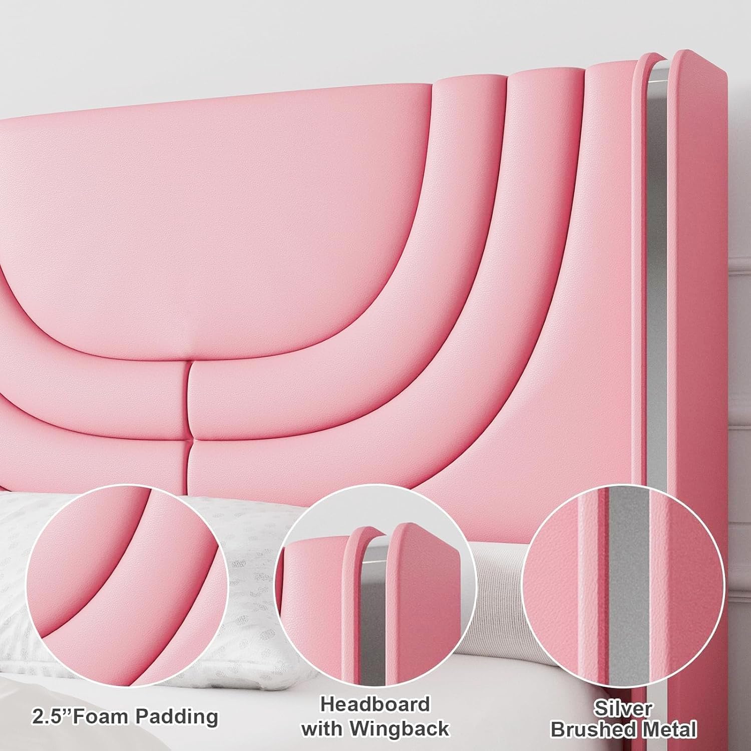 REVOMINCA Pink Full Size Bed Frame with LED Lights, Faux Leather Upholstered Platform with Silver Wingback Headboard, Modern Style, No Box Spring Needed, Easy Assembly