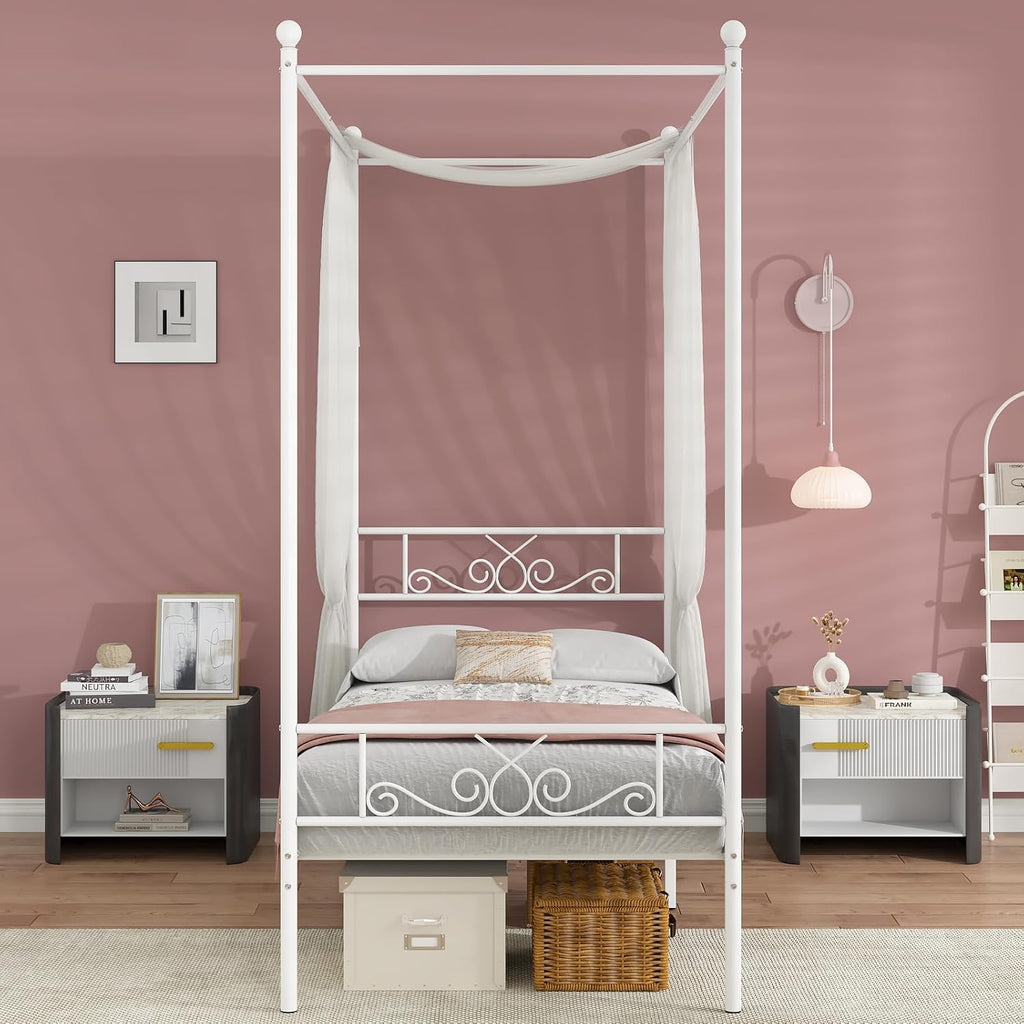Weehom Twin Canopy Bed Frame with Headboard and Footboard, 4 Posters Metal Bed Frame, No Box Spring Needed, Mattress Foundation Platform Bed for Kids and Adults, White