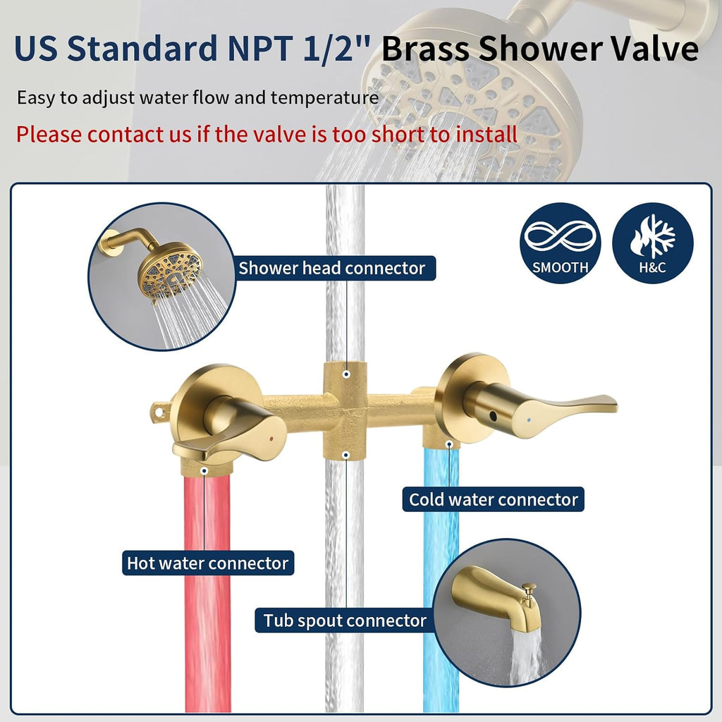2 Handles Shower Faucet Set with Tub Spout Bathtub Shower Faucet Combo Set Shower System Complete Tub and Shower Trim Kit Wall Mounted Shower Fixtures Brushed Gold