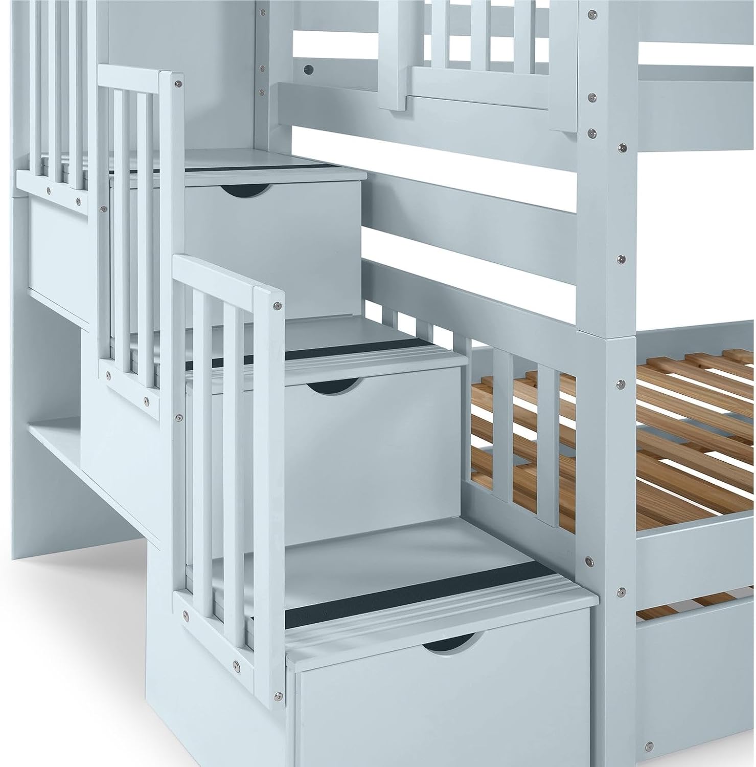 Bedz King Stairway Bunk Beds Twin Over Twin, 3 Step Drawers, 2 Storage Drawers, Breezy Blue