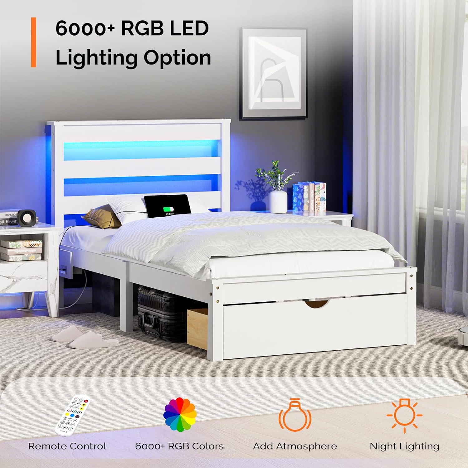 Bonnlo Solid Wood Twin Bed Frames with Headboard Shelf Storage,LED Lights,Charging Station, Platform Bed with Drawer,Easy Assembly,White