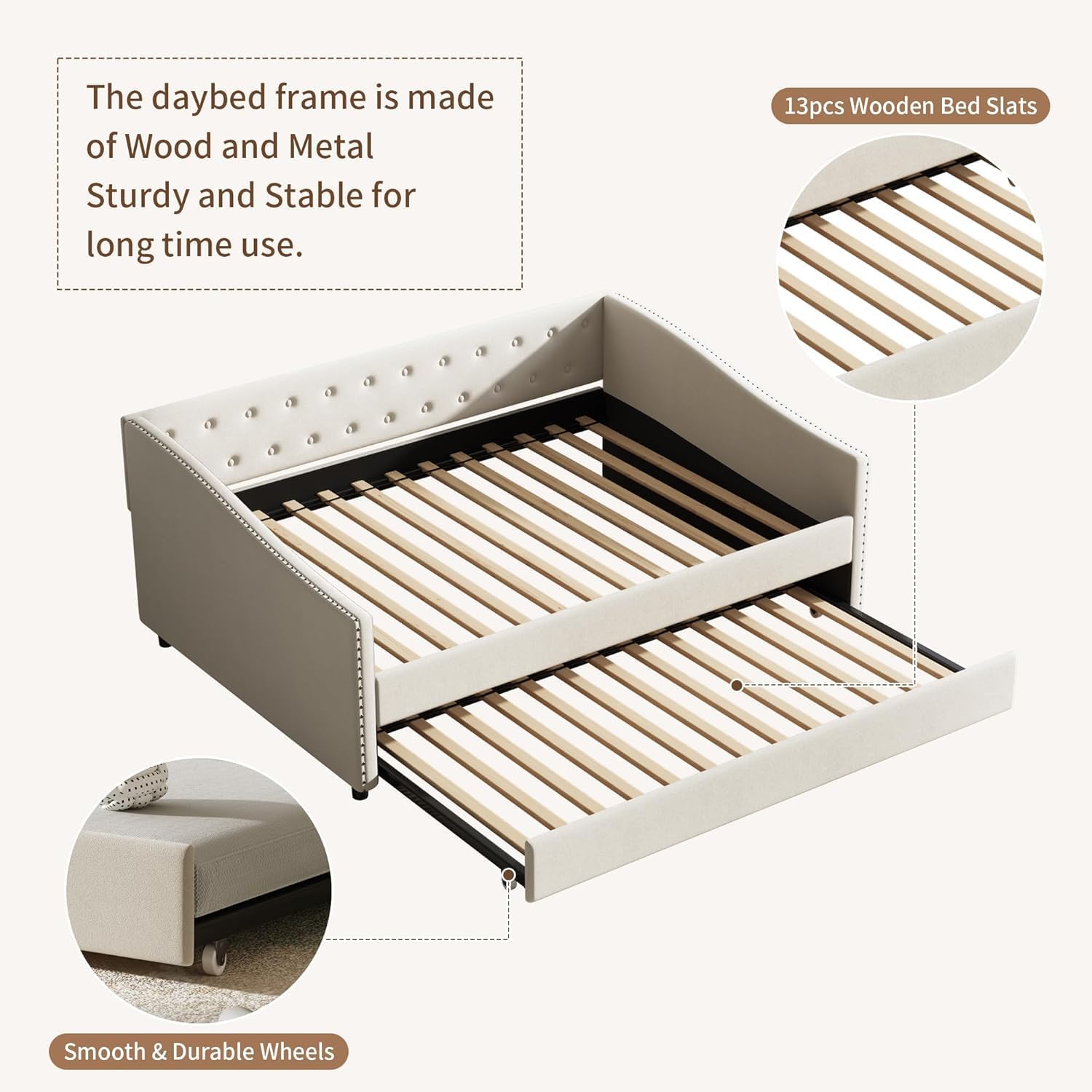 Upholstered Daybed with Trundle, Full Size Day Bed w/Button-Tufted Back and Piping on Waved-Shape Arms for Bedroom or Guest Room, No Box Spring Required,Beige