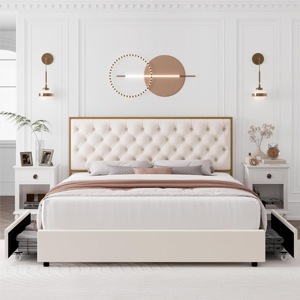 HIFIT King Upholstered Bed Frame with 4 Storage Drawers and Handmade Button Tufted Headboard, Modern Velvet King Size Platform Storage Bed with Solid Wooden Slat, No Box Spring Needed, Golden & Beige