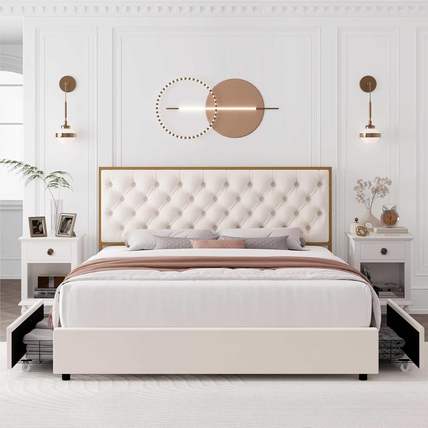 HIFIT King Upholstered Bed Frame with 4 Storage Drawers and Handmade Button Tufted Headboard, Modern Velvet King Size Platform Storage Bed with Solid Wooden Slat, No Box Spring Needed, Golden & Beige