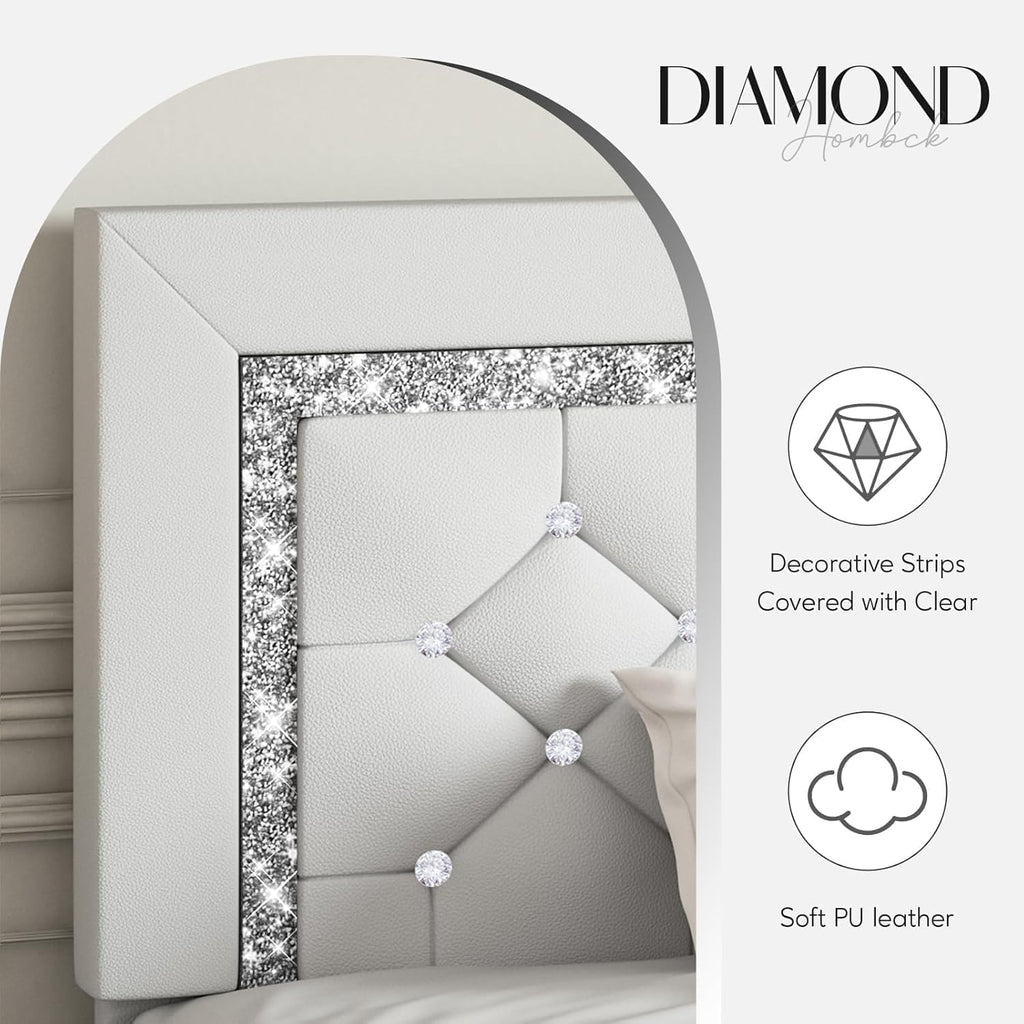 HOMBCK Twin Bed Frame with Diamond Headboard, Faux Leather Upholstered Platform Bed, Mattress Foundation, No Box Spring Needed, Easy Assembly, Pearlized White