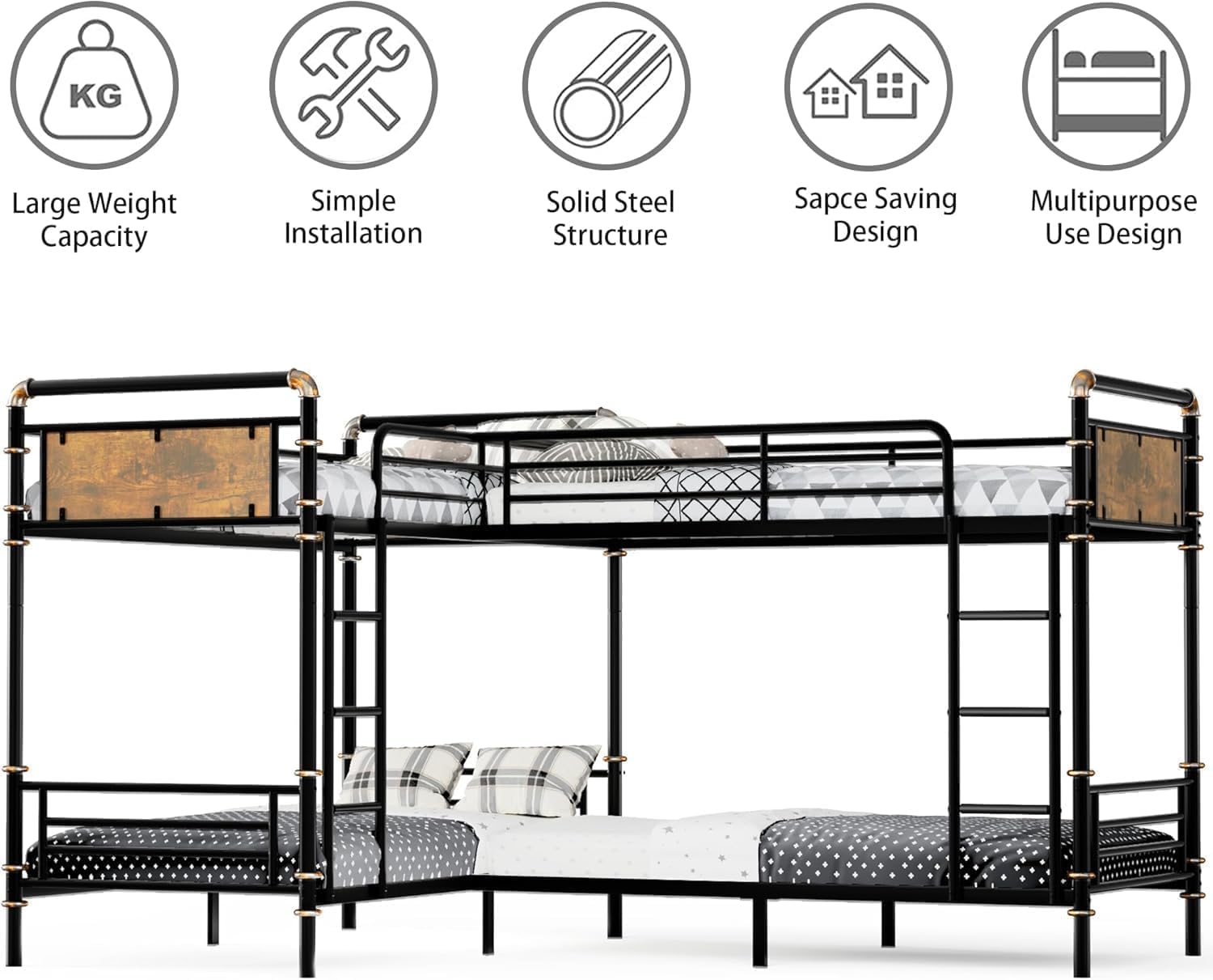 Quad Bunk Bed for 4, Metal L-Shaped Bunk Bed Frame, Industrial Twin 4 Bunk Beds for Kids, Detachable 4 Bunk Beds with Comfort Rungs for Teens Girls Boys，Black