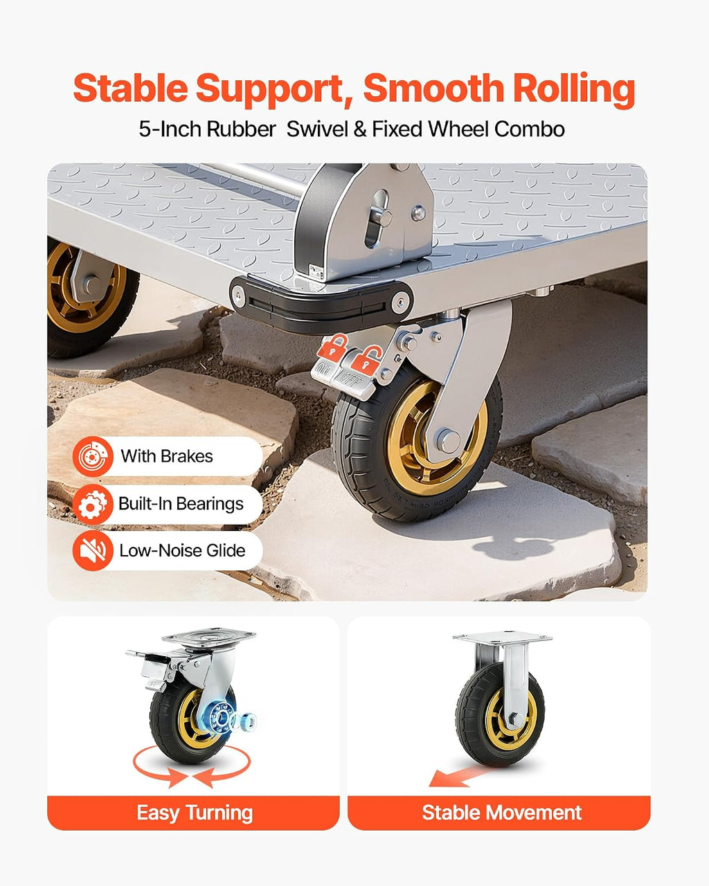 VEVOR Heavy Duty Platform Truck, 2000 LBS Steel Large Flatbed Cart with 360° Swivel Wheels & Brakes, Foldable Platform Hand Push Truck Dolly for Easy Storag/Groceries/Garage/Warehouse (36' X 24')