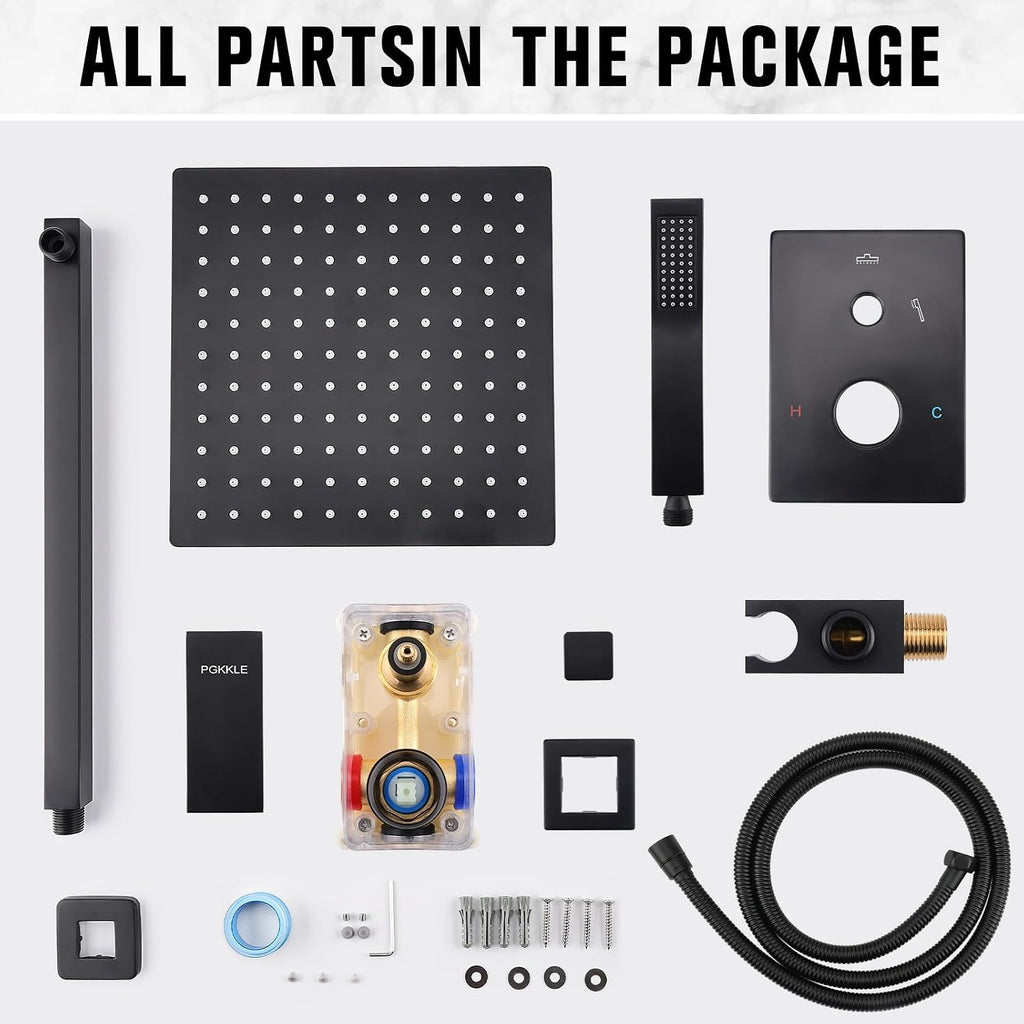 12 Inch Rainfall Shower System - Wall Mounted Complete Combo with Solid Brass Pressure Balancing Valve, High Pressure Shower Head, Handle Set & Installation Accessories Matte Black