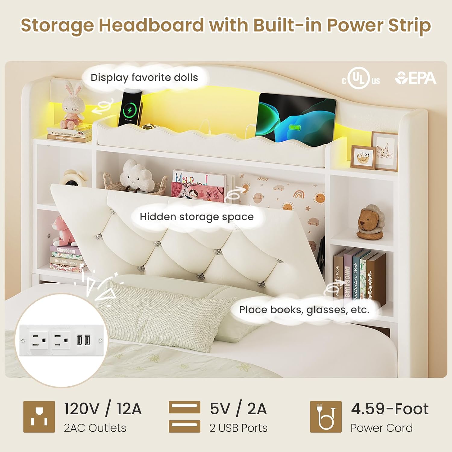 DICTAC Twin Size Bed Frame for Kids with Storage Drawers, Bookcase Headboard, LED Lights and Power Outlets, Diamond Tufted Velvet Upholstered Princess Platform Bed, Heavy-Duty Metal Support, Beige