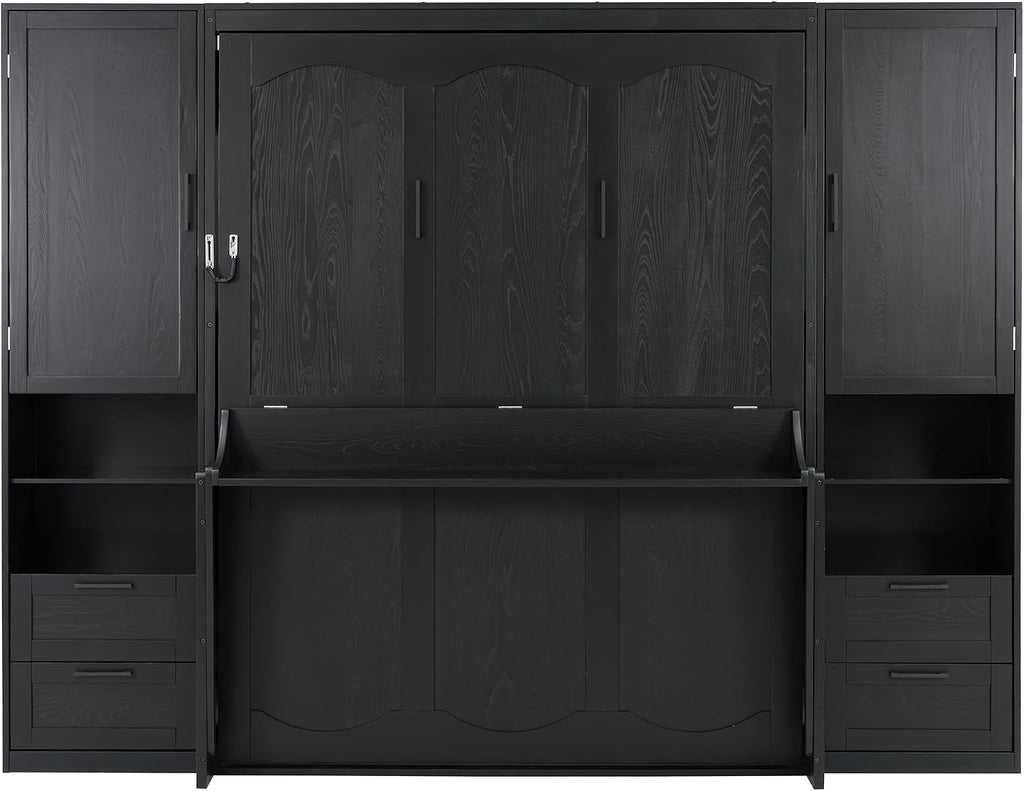 Merax Queen Size Murphy Bed with Desk, Multifunctional Foldable Wall Bed with Closet, Drawers and Shelves, Space-Saving Wood Bed Frame for Small Space Studio Study Office Guest Room, Black(Oak Veneer)